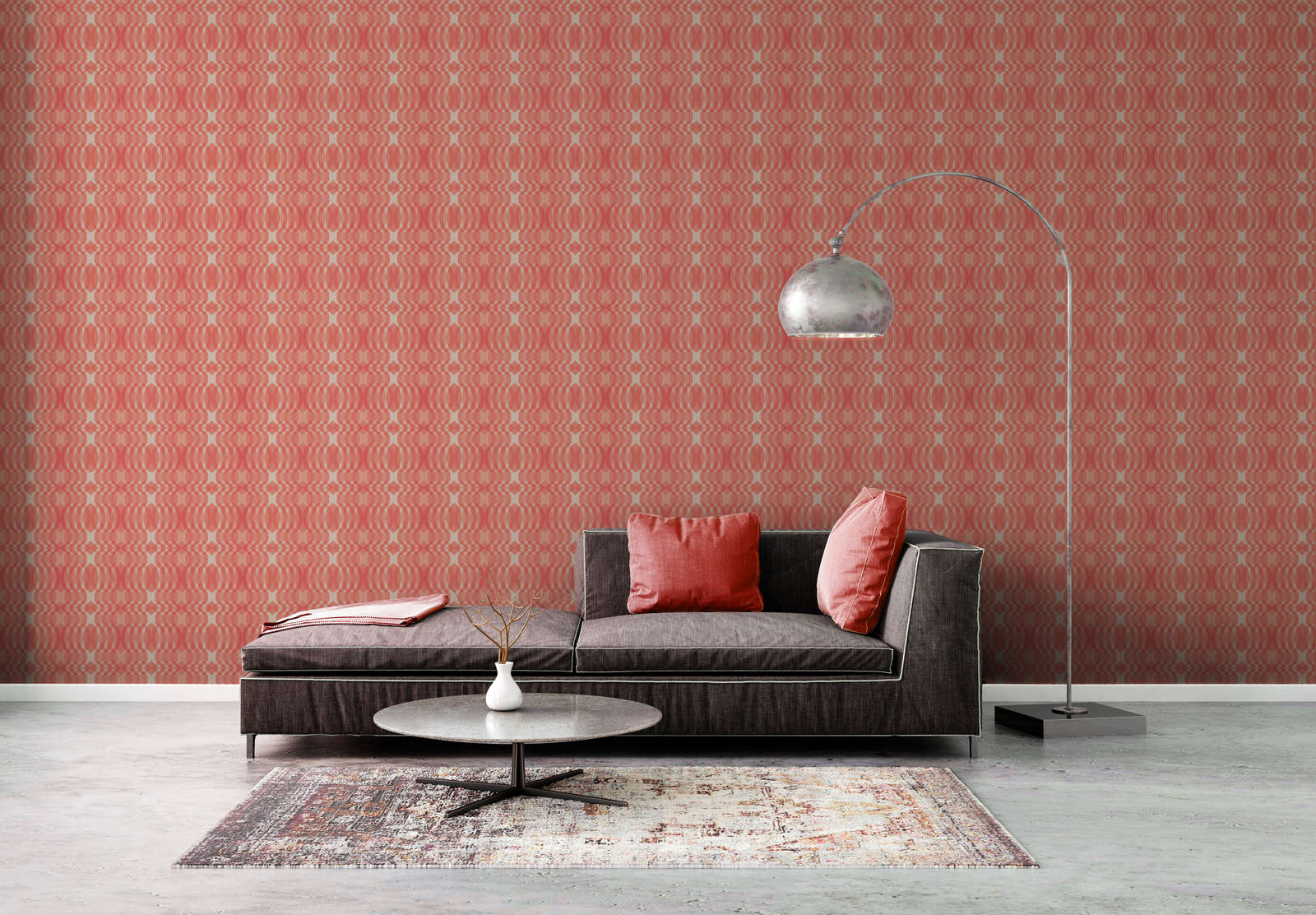             Geometrisch patroon op vliesbehang in retrostijl - rood, crème, wit
        
