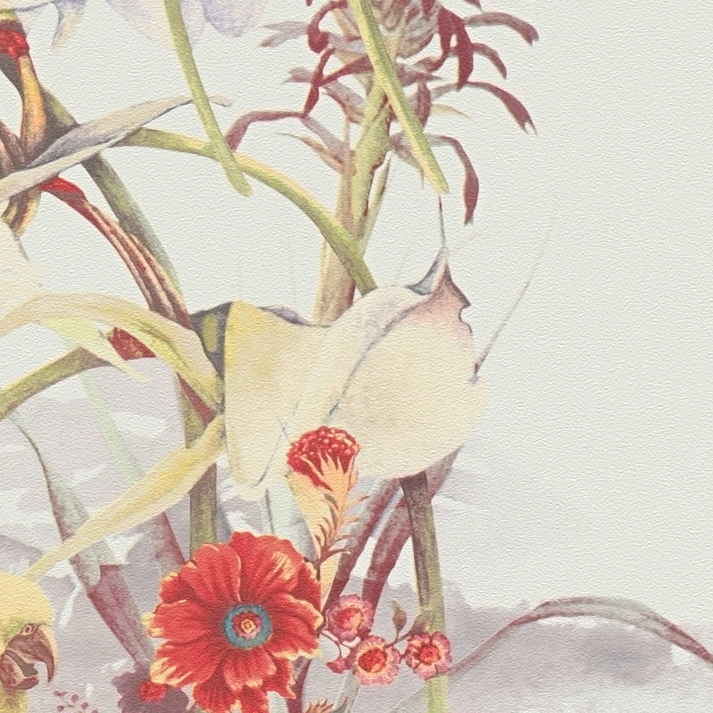             Papier peint design tropical, perroquet & fleurs exotiques - blanc, rouge
        