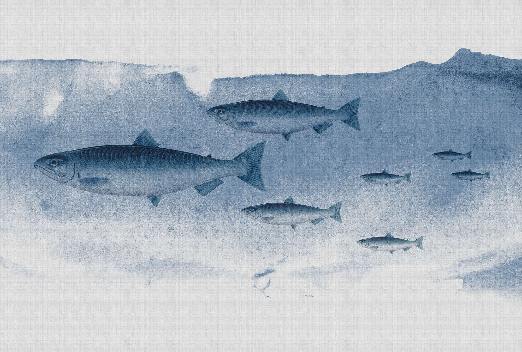             Into the blue 1 - Aquarelle de poissons en bleu comme papier peint à structure lin naturel - bleu, gris | nacre intissé lisse
        