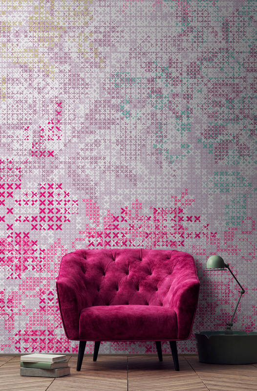             Graphic pixel pattern mural - pink, grey
        