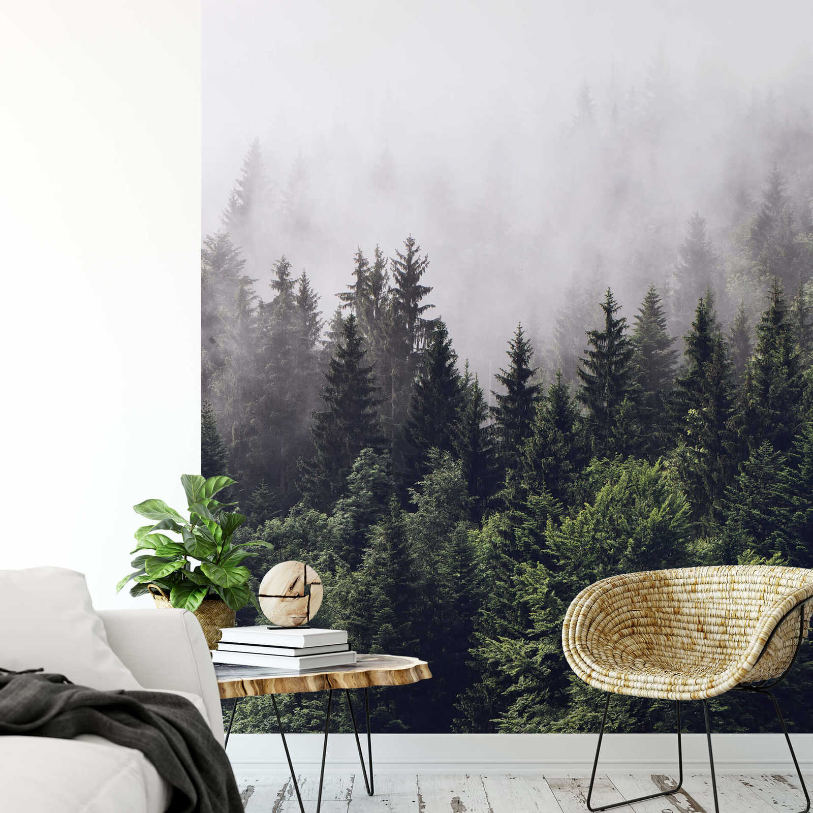            Papier peint panoramique Forêt nuageuse vertical - vert, blanc
        