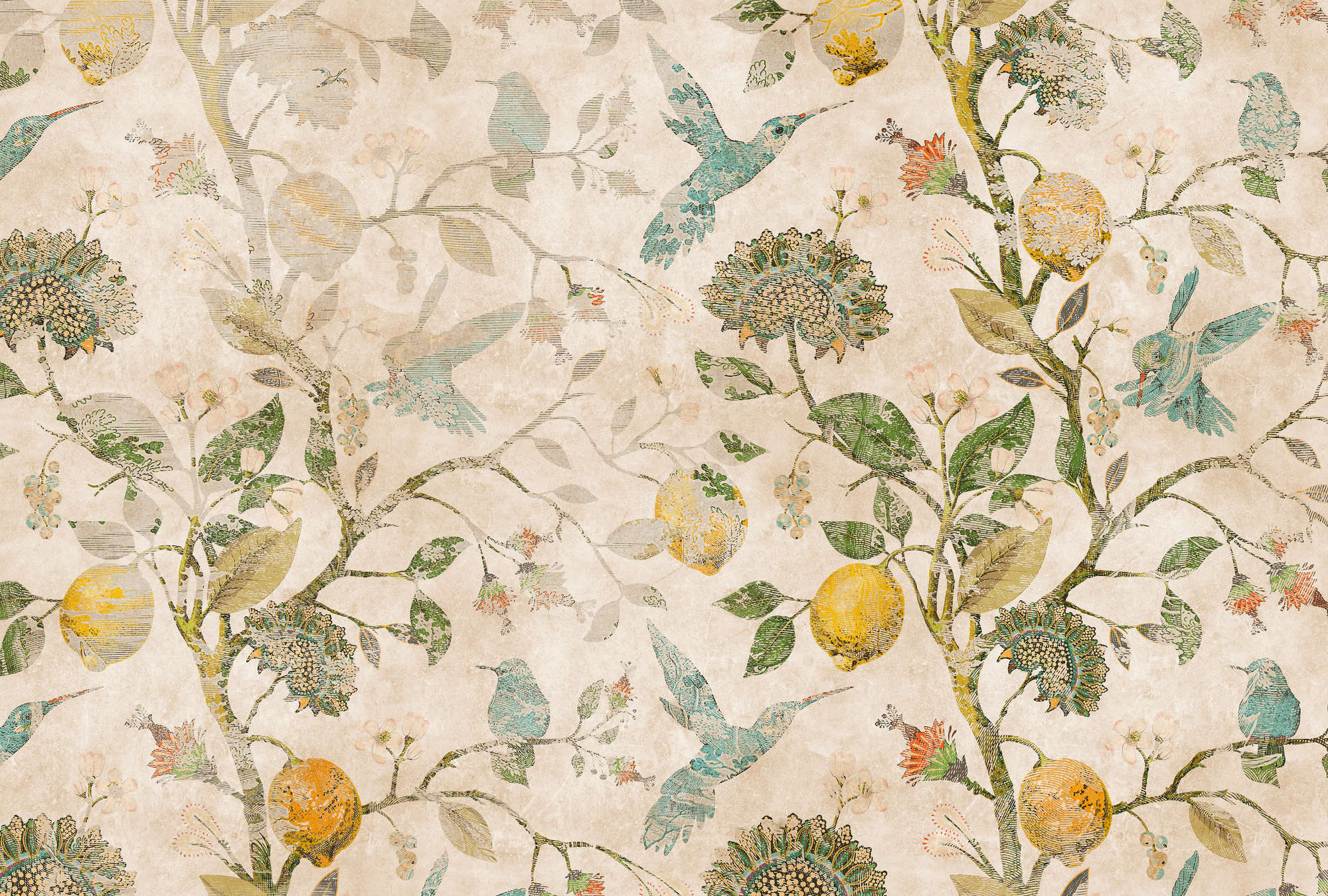             In the Lemon Tree 2 - Papier peint vintage citron avec feuilles et oiseaux
        