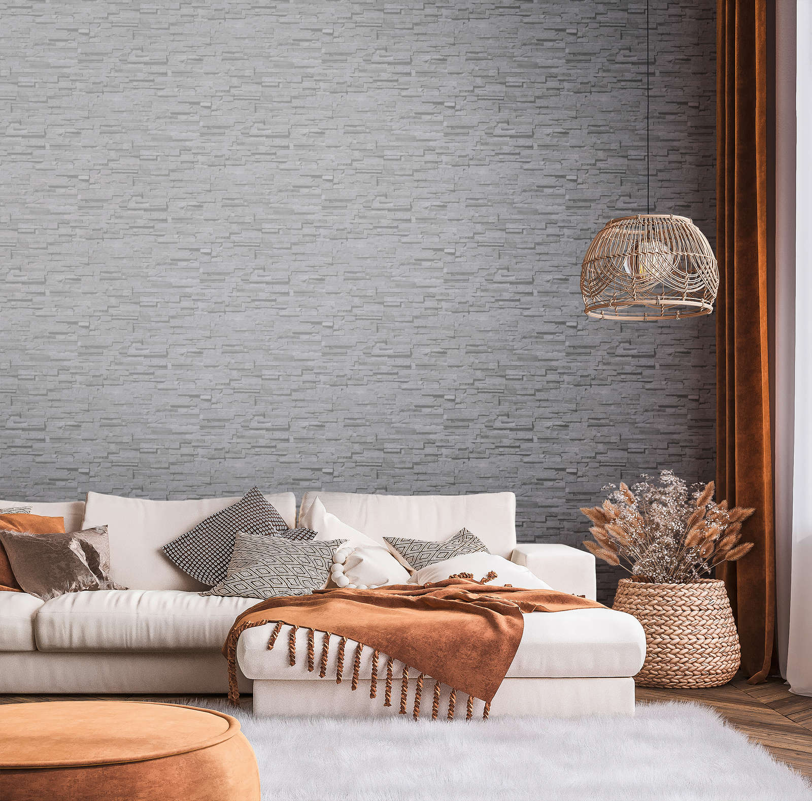             Non-woven wallpaper with stone look & gloss effect - grey
        