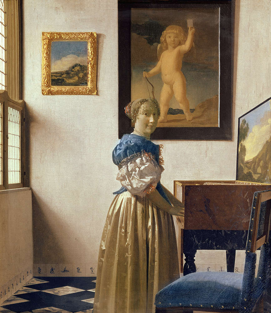             Papel pintado fotográfico "Una joven de pie junto a una doncella" de Jan Vermeer
        