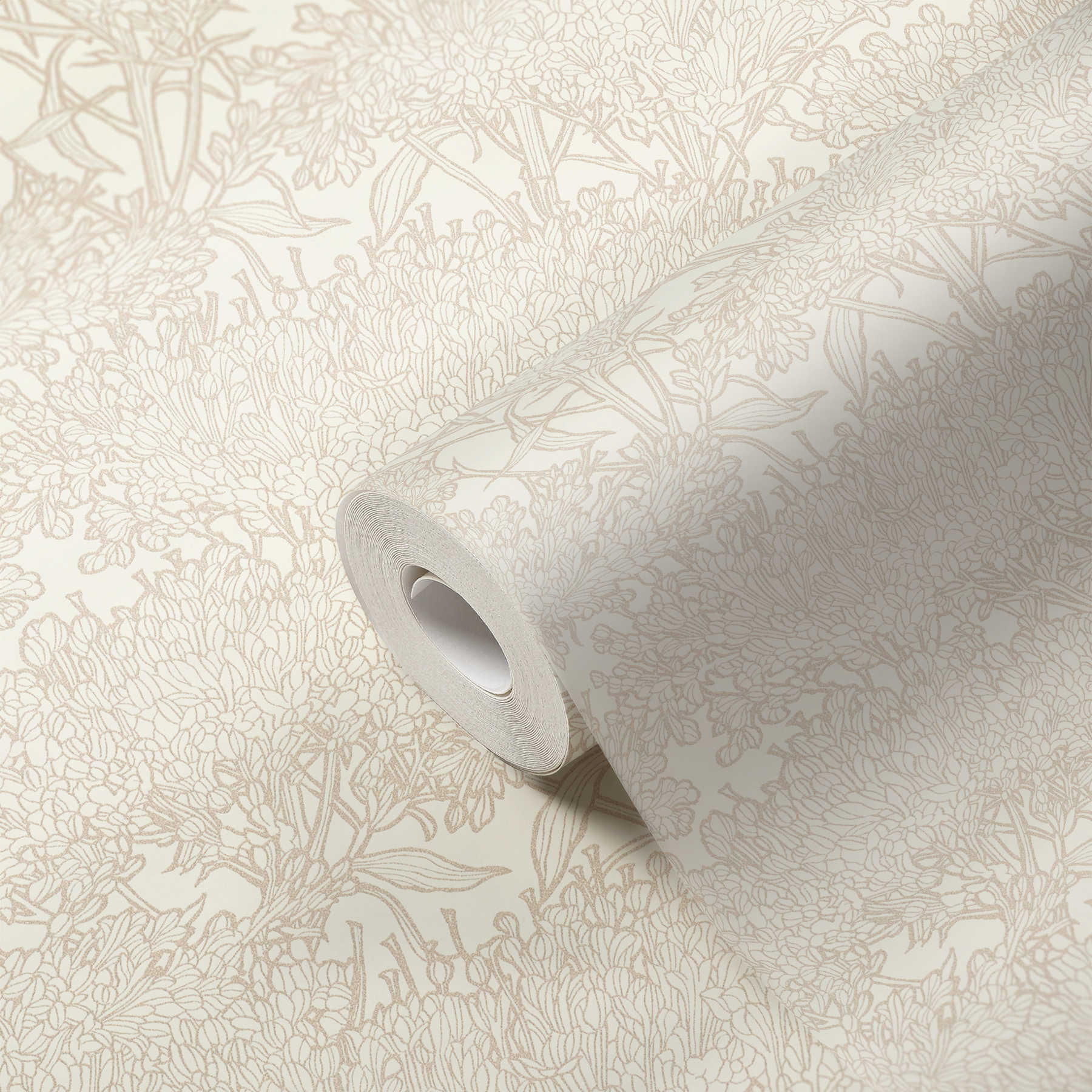             Wallpaper floral pattern with golden contours - cream, gold, grey
        