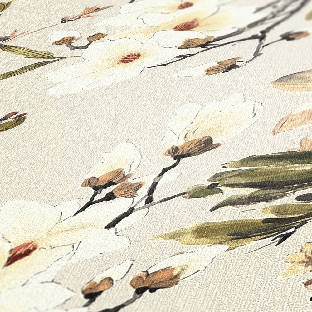             Vliesbehang natuur design bloesems twijgen & vogels - beige, veelkleurig
        