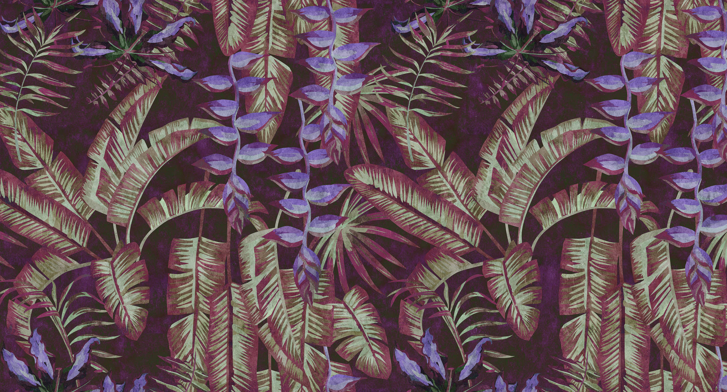             Tropicana 3 - Carta da parati tropicale in carta assorbente con foglie e felci - Rosso, viola | Materiali non tessuto liscio perlato
        