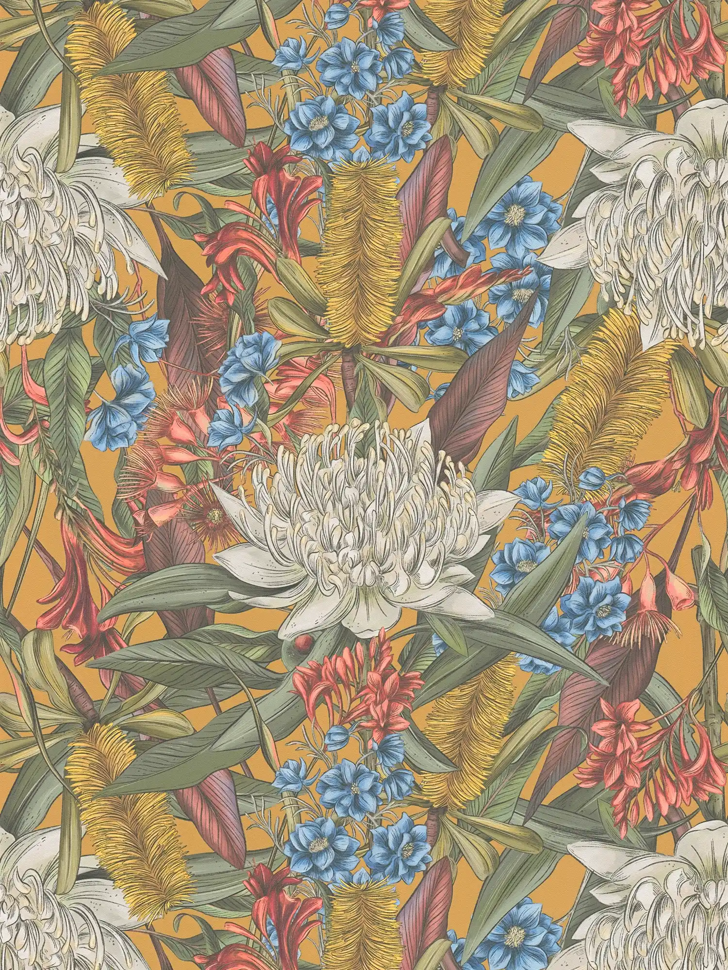 Floral style jungle wallpaper with leaves & flowers textured matt - multicoloured, yellow, green
