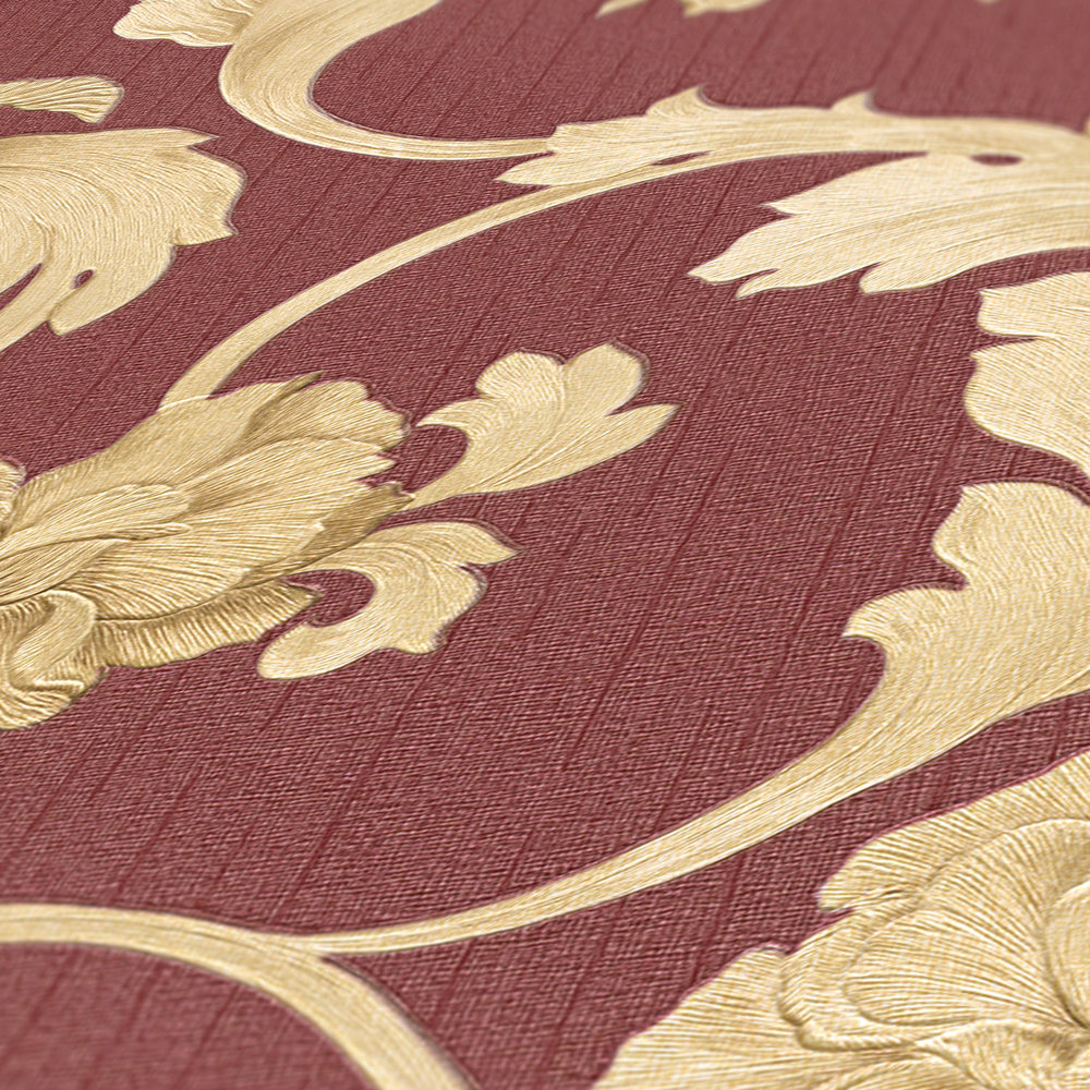             Golden Rose Vines & Textured Pattern Wallpaper - Metallic, Rood
        