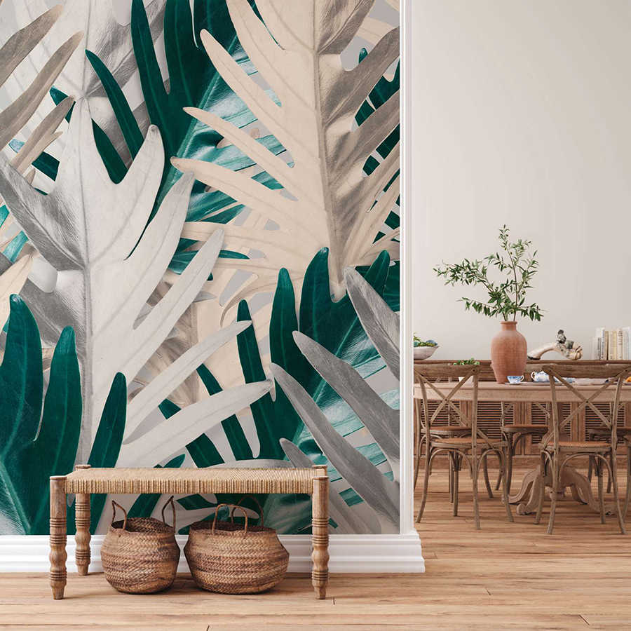 Papier peint avec des feuilles de palmier tropicales - vert, blanc
