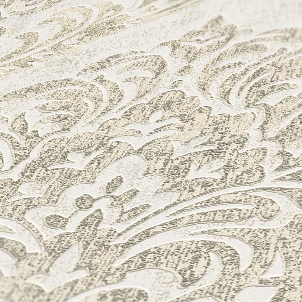             Papier peint baroque avec ornement & look métallique - blanc, argent, or
        