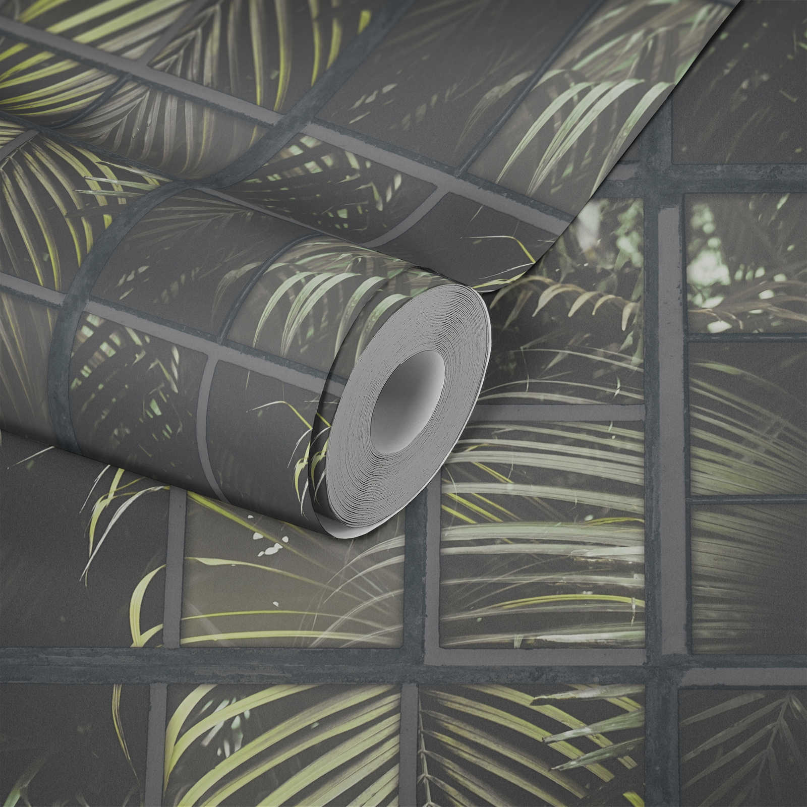             Papier peint Fenêtre Jungle Vue, effet 3D - Gris, vert, noir
        