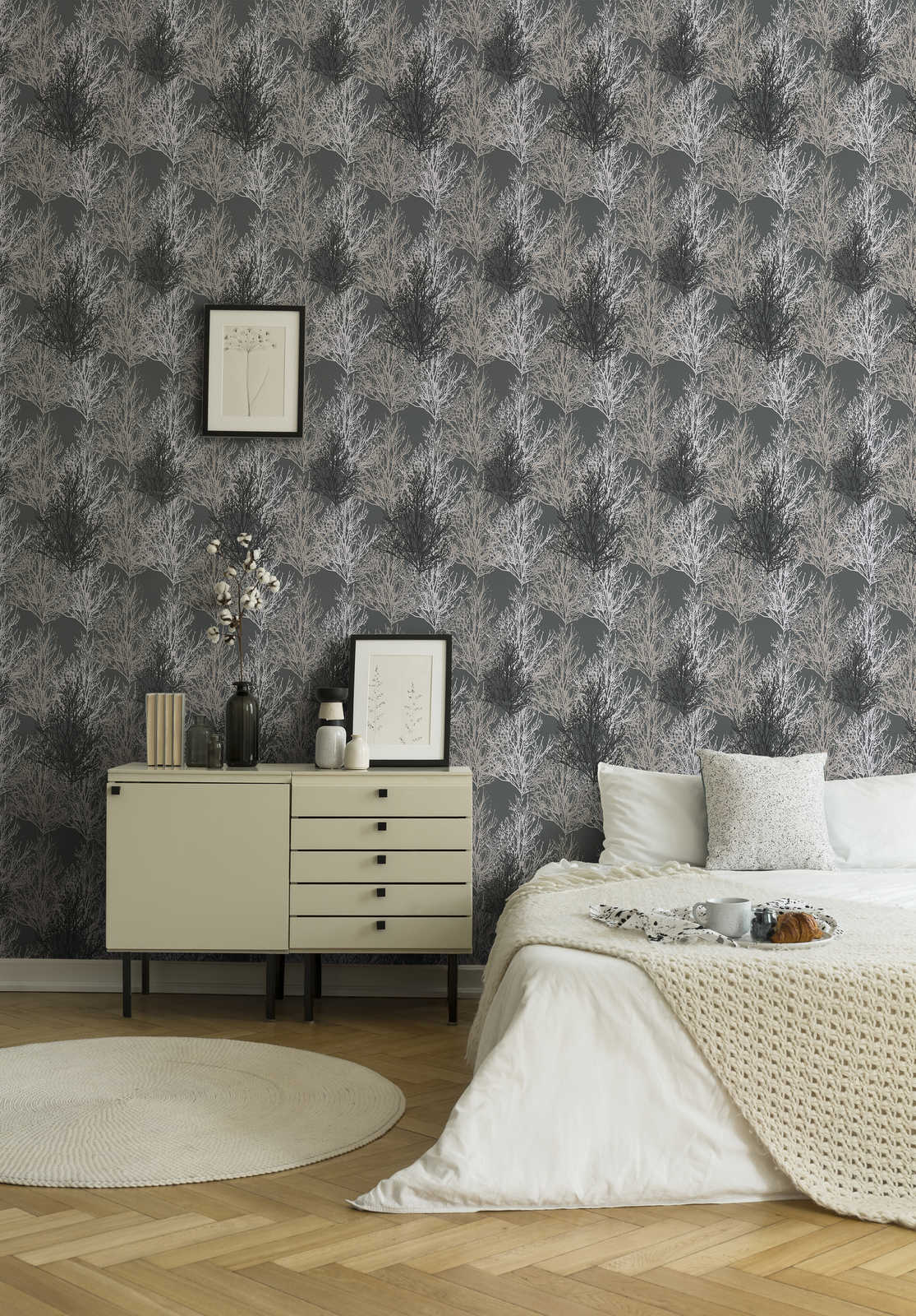             Wallpaper tree design with metallic colours & textured pattern - grey
        