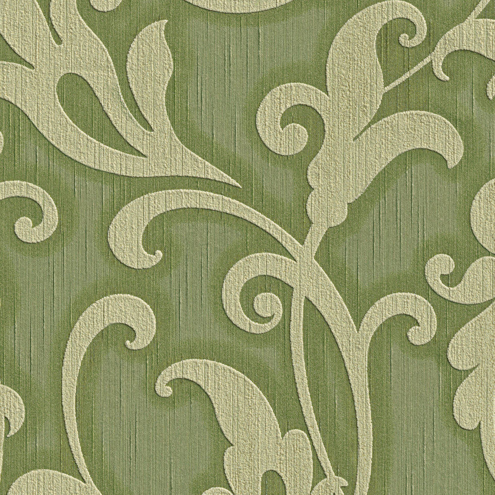             Vliesbehang met 3D ornament patroon & structuur design - groen, metallic
        