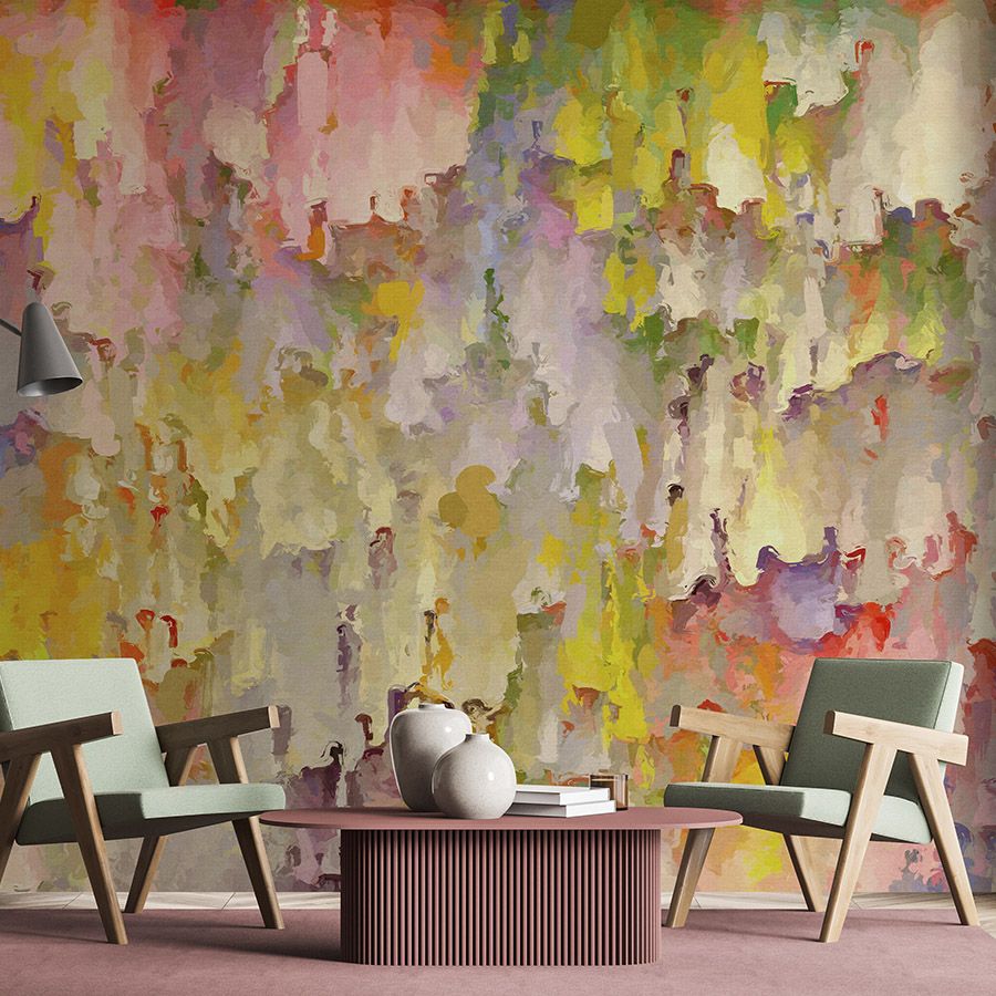 Digital behang »opulea« - aquarelontwerp met linnenstructuur, kleurverloop - Bont | Gladde, licht parelmoerglanzende vliesstof
