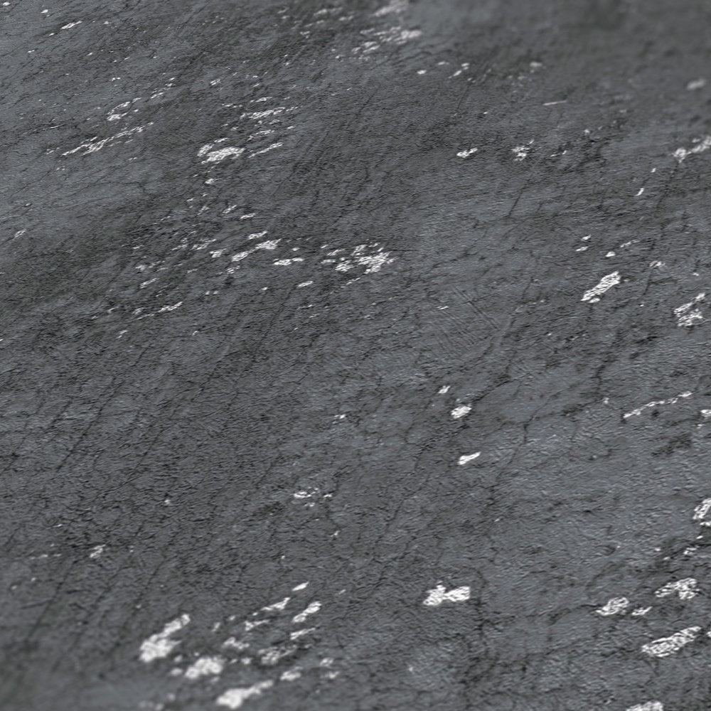             Anthracite Papier peint aspect plâtre avec craquelures argentées - gris, métallique, noir
        