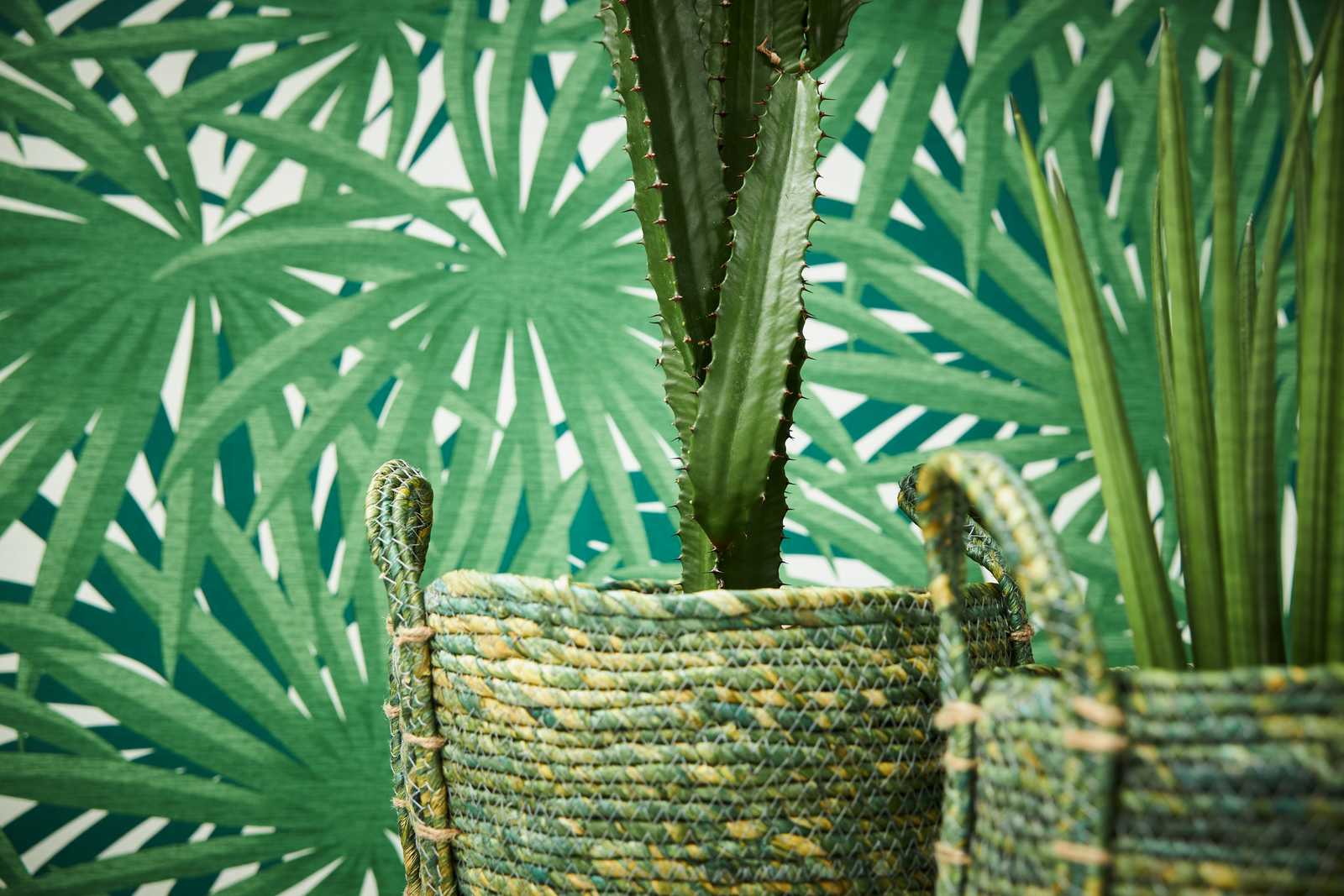             Carta da parati tropicale con disegno della giungla e lucentezza metallica - verde, metallica, bianca
        