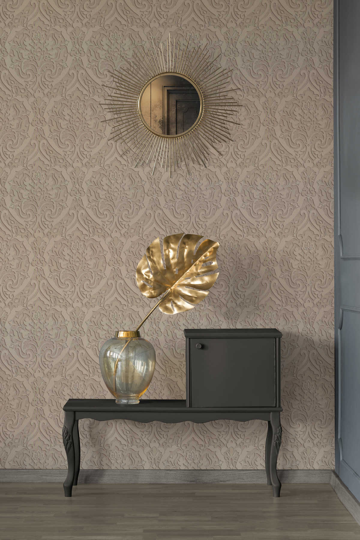             3D Ornament wallpaper, double width 106cm - Brown, Metallic
        