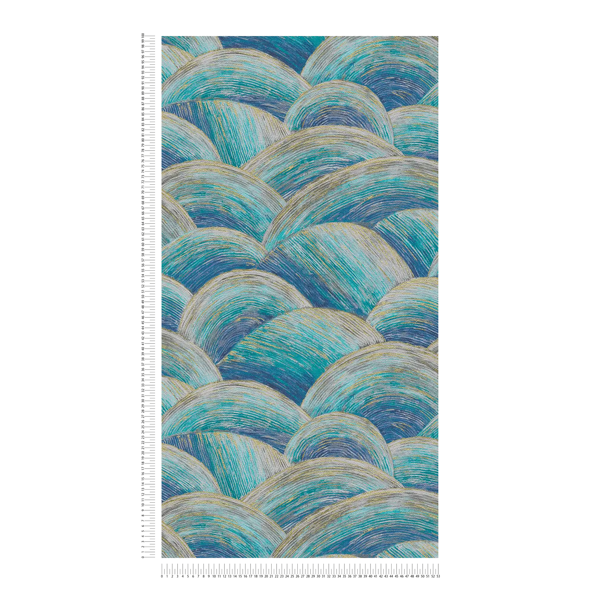             Abstract vliesbehang met golfpatroon & glanseffect - blauw, turquoise, goud
        
