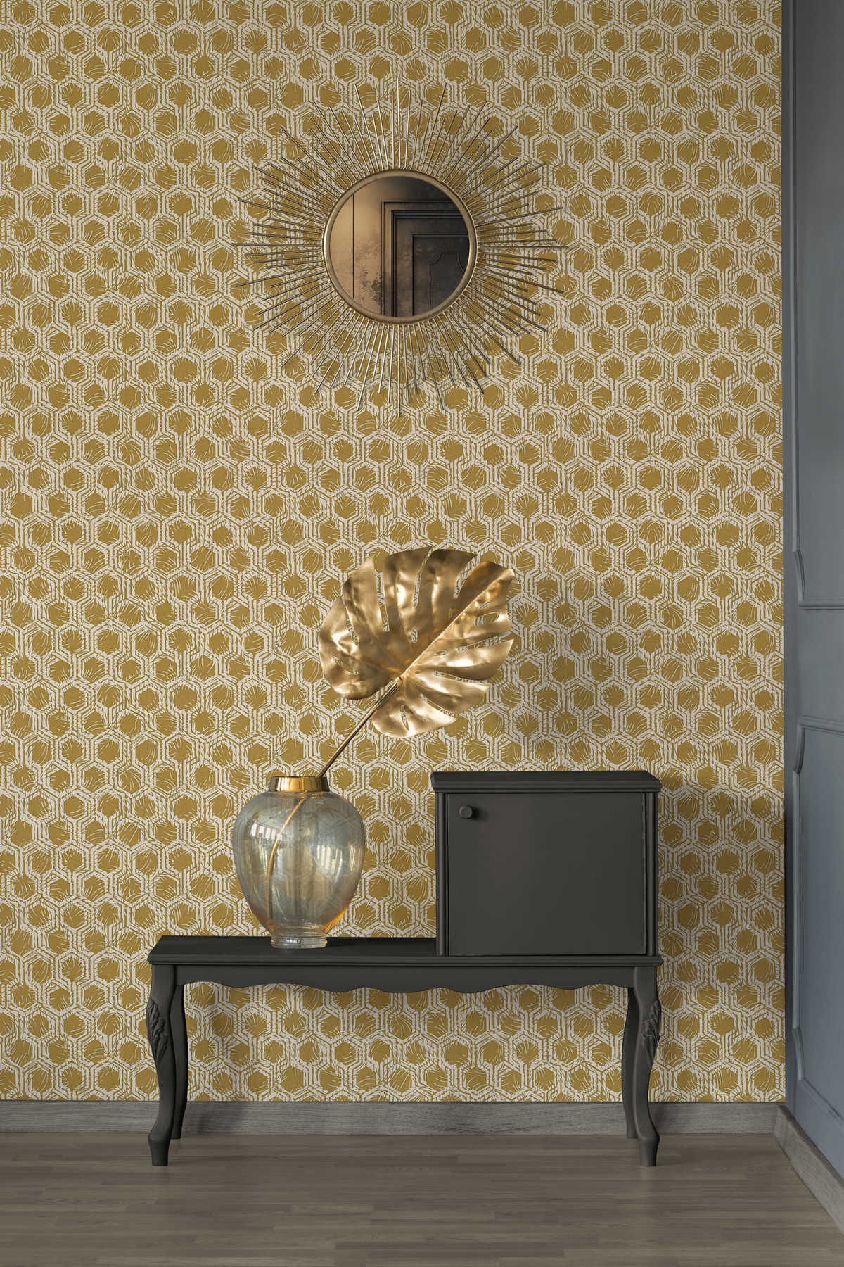             Metallic behang met geometrisch patroon - goud, beige
        