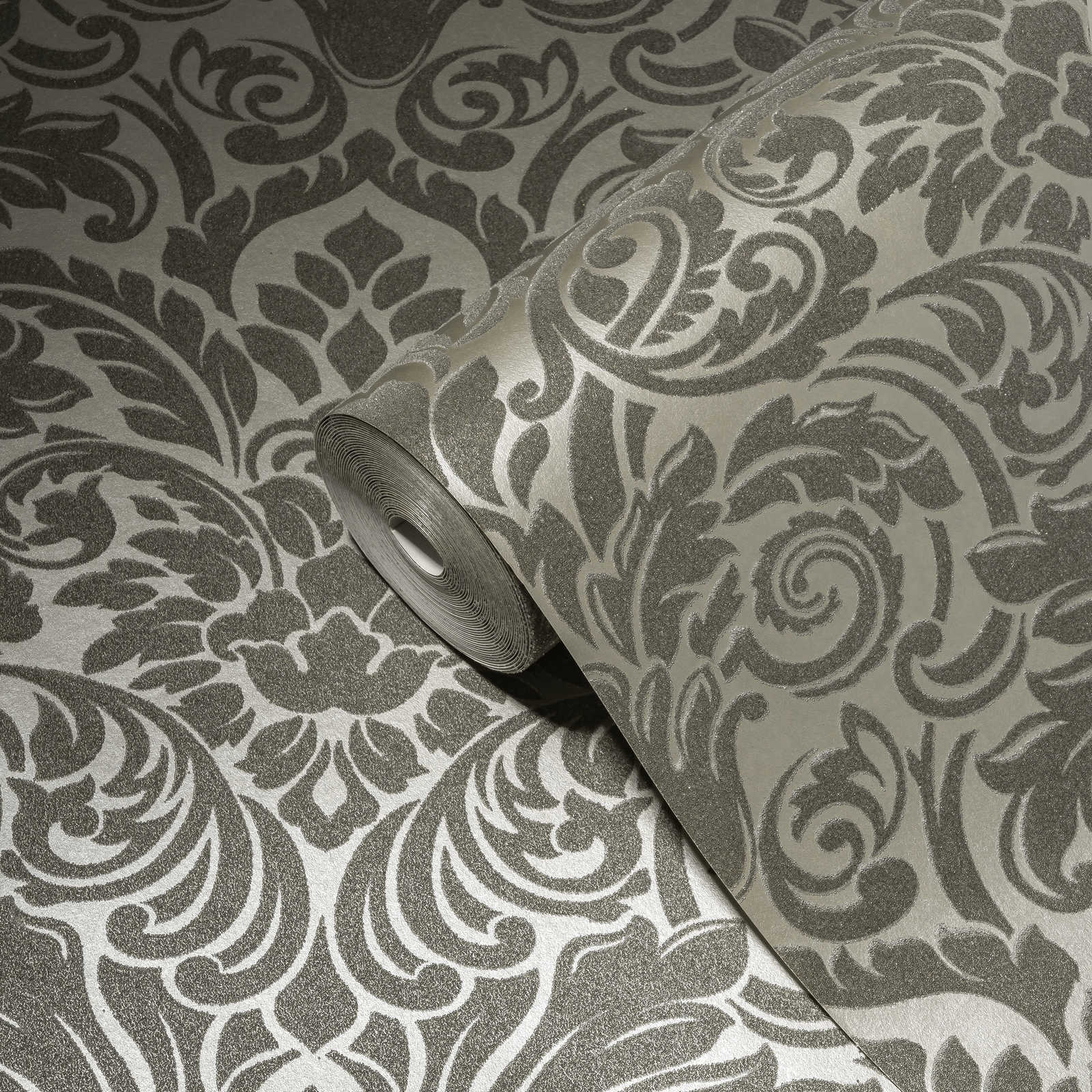             Papel pintado ornamental efecto metálico y diseño floral - plata, gris
        