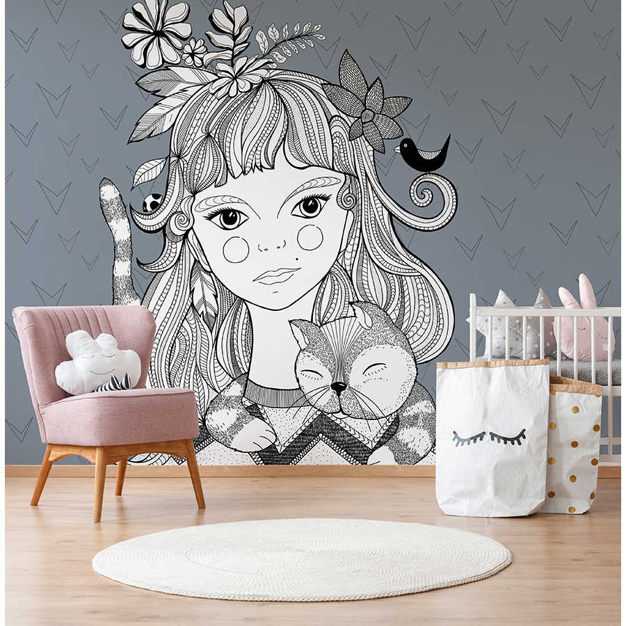         Line art mural black and white girl with cat
    