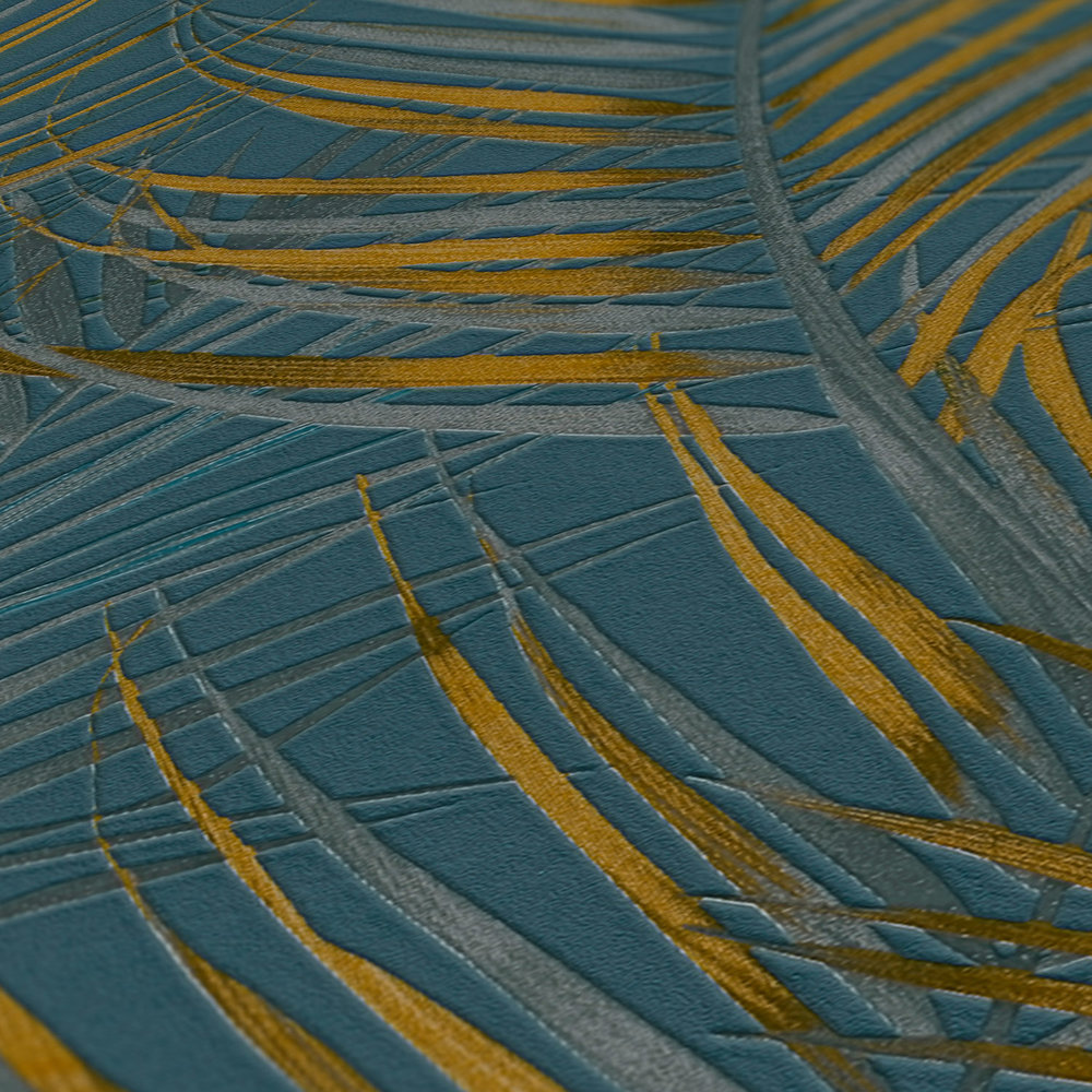             Carta da parati motivo giungla con foglie di palma - blu, giallo, petrolio
        