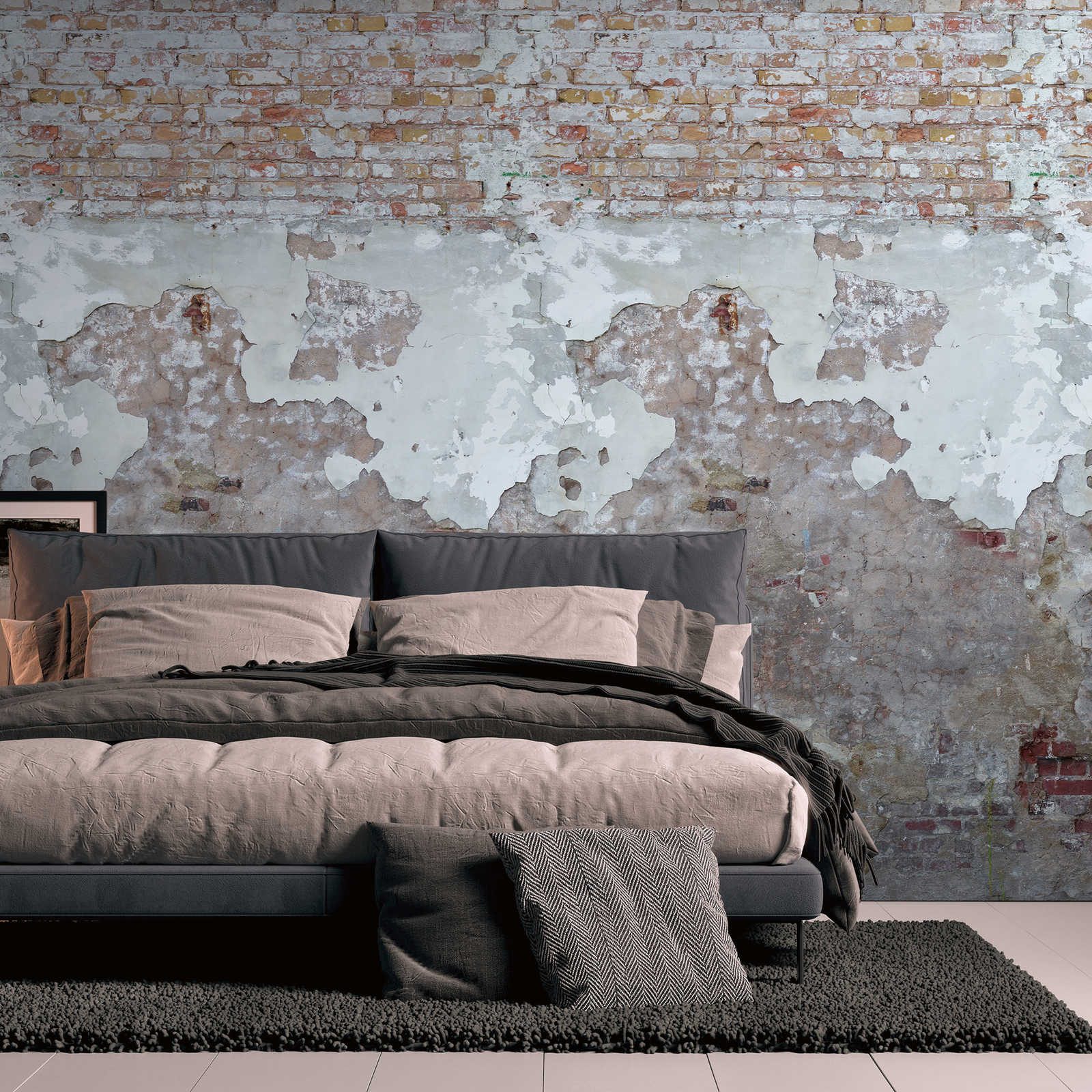 Stone wall effect wallpaper in used look - grey, beige, red

