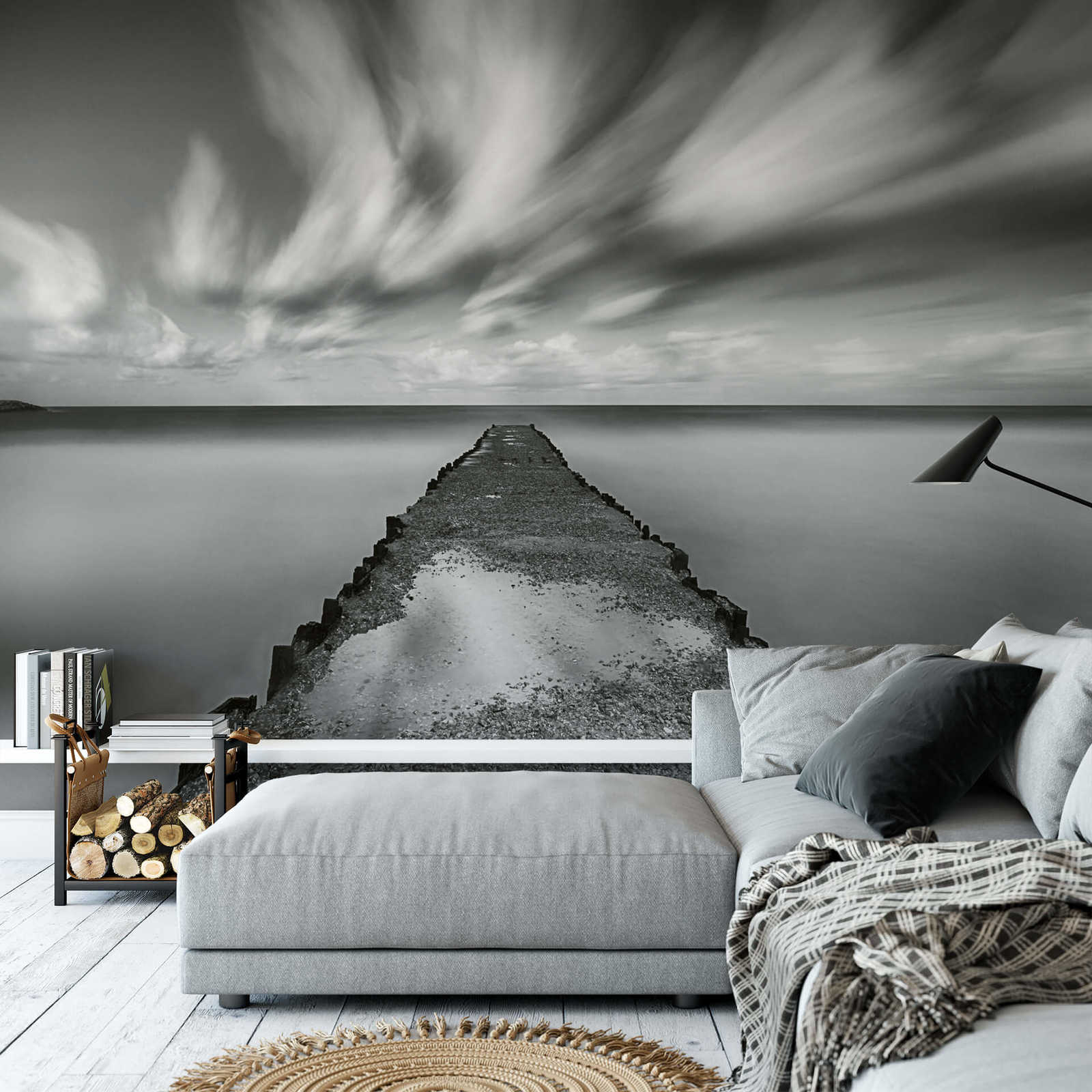             Photo wallpaper sea with jetty - black, white, grey
        
