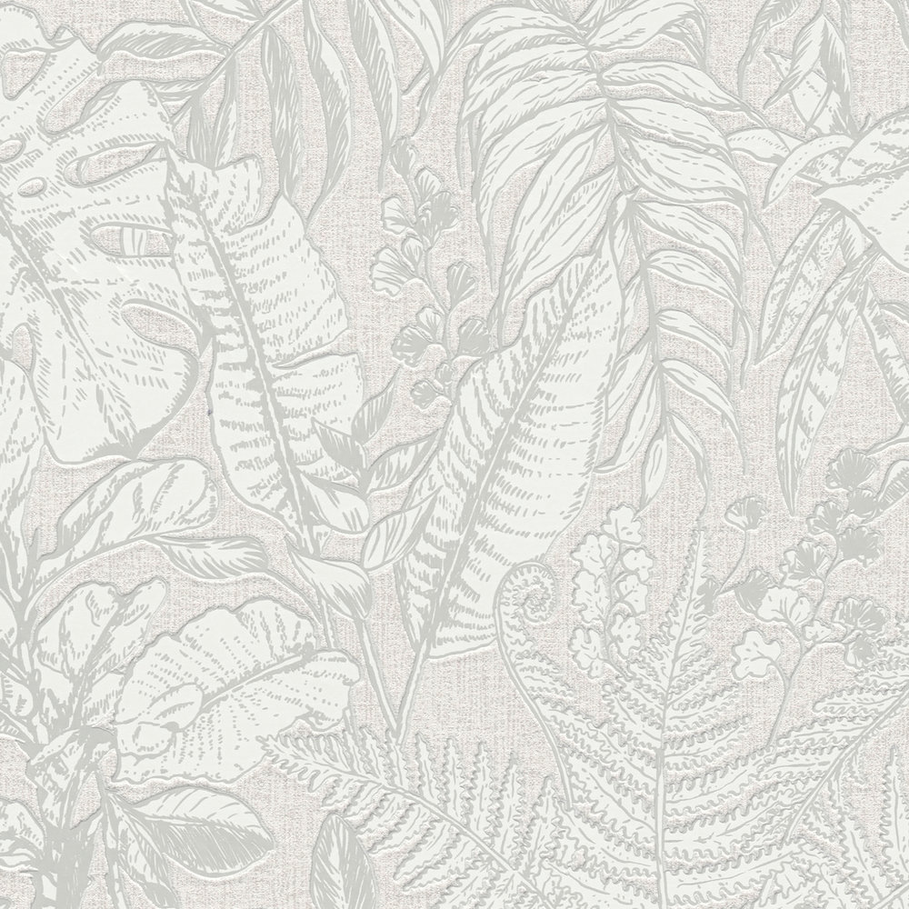             Papier peint jungle, feuilles de monstera & fougères - gris, blanc
        