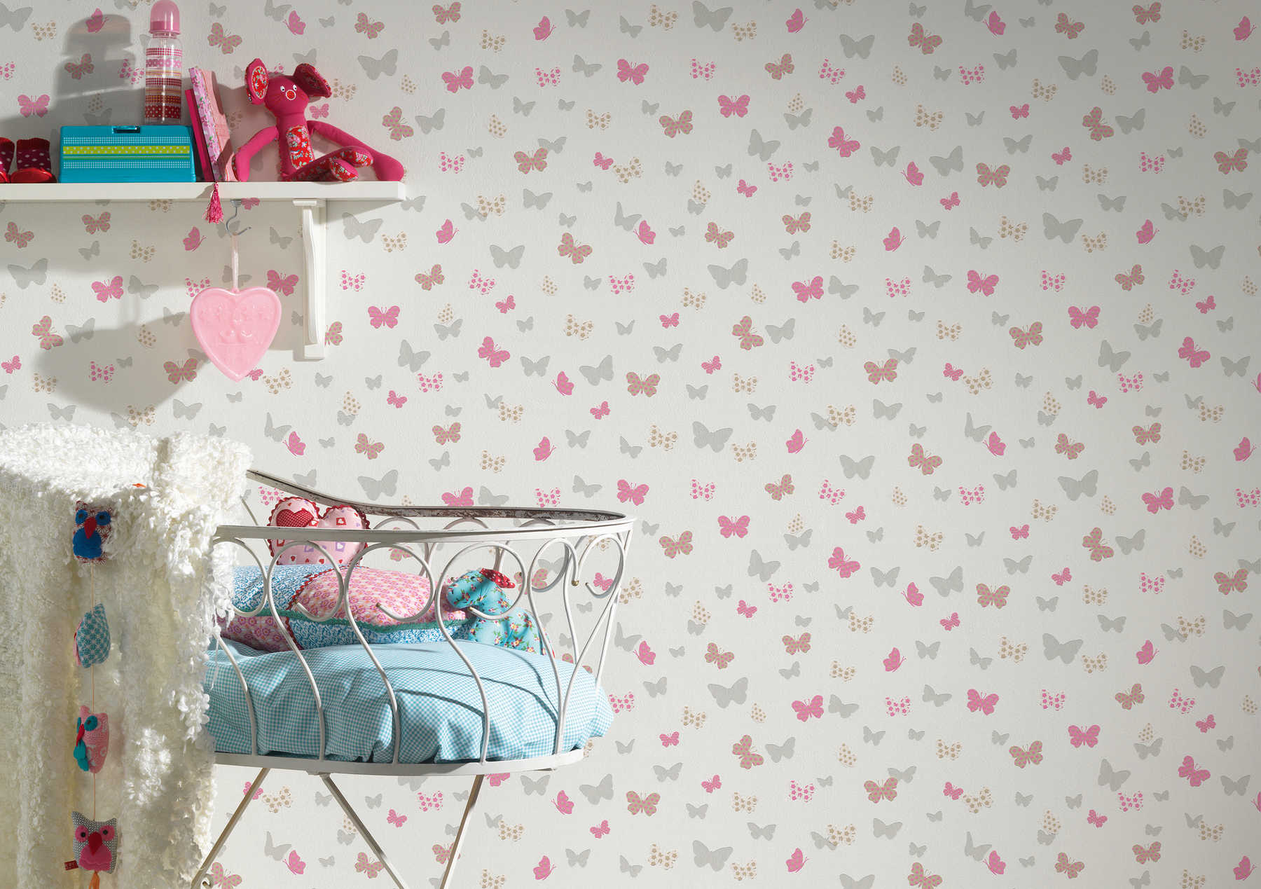            Wallpaper butterfly & metallic colours for girls - white, pink
        