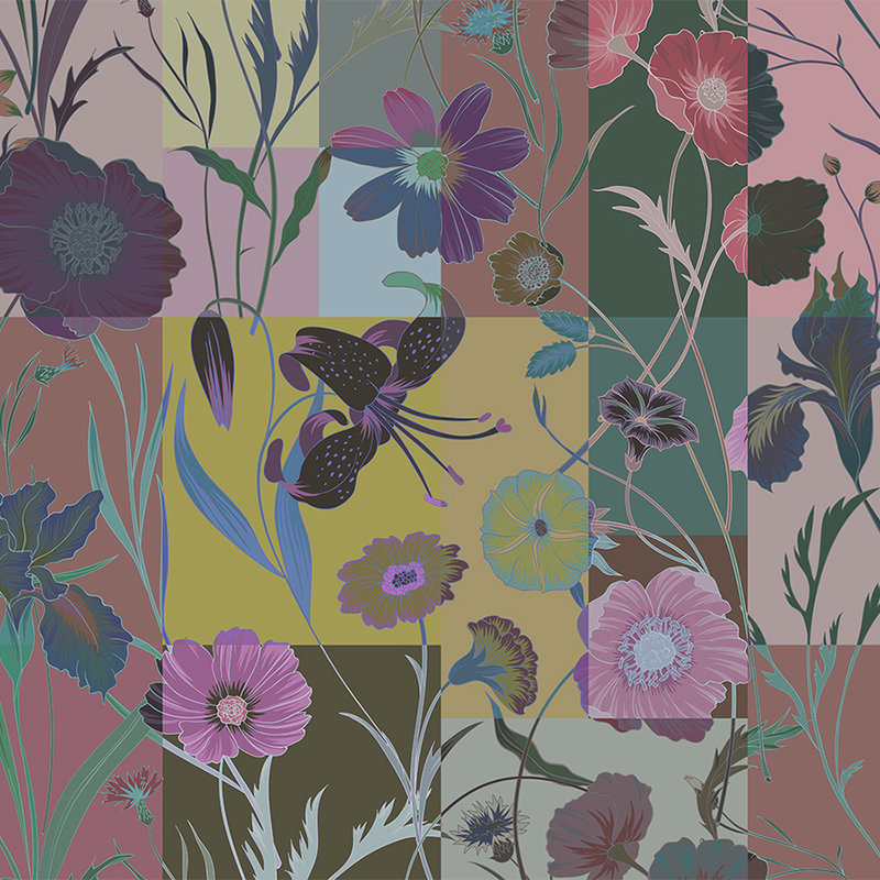 Floral patch 3 - Photopapier peint botanique avec patchwork de fleurs - jaune, vert | À structure Revêtement mural intissé

