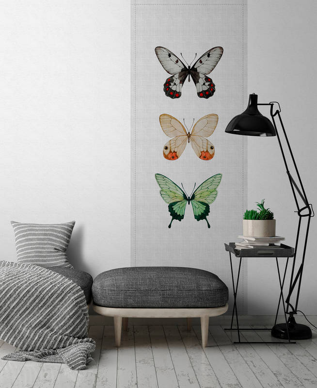             Buzz panels 2 - photo wallpaper panel in natural linen structure with colourful butterflies - Grey, Green | Matt smooth fleece
        