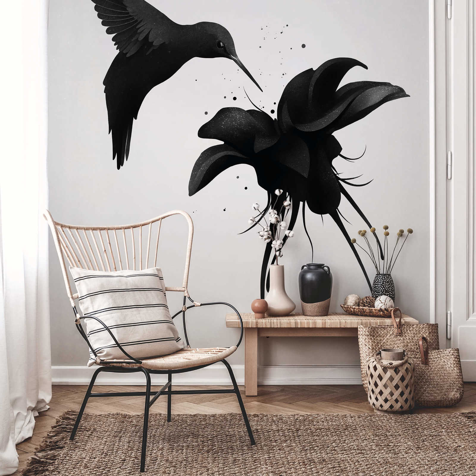            Muurschildering Vogel op Bloem - Zwart, Wit
        