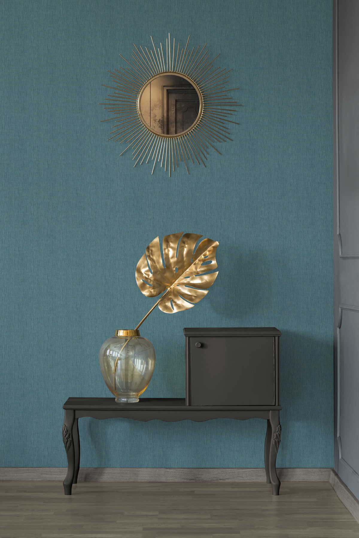             Blue wallpaper fabric look petrol colours with gold accent
        