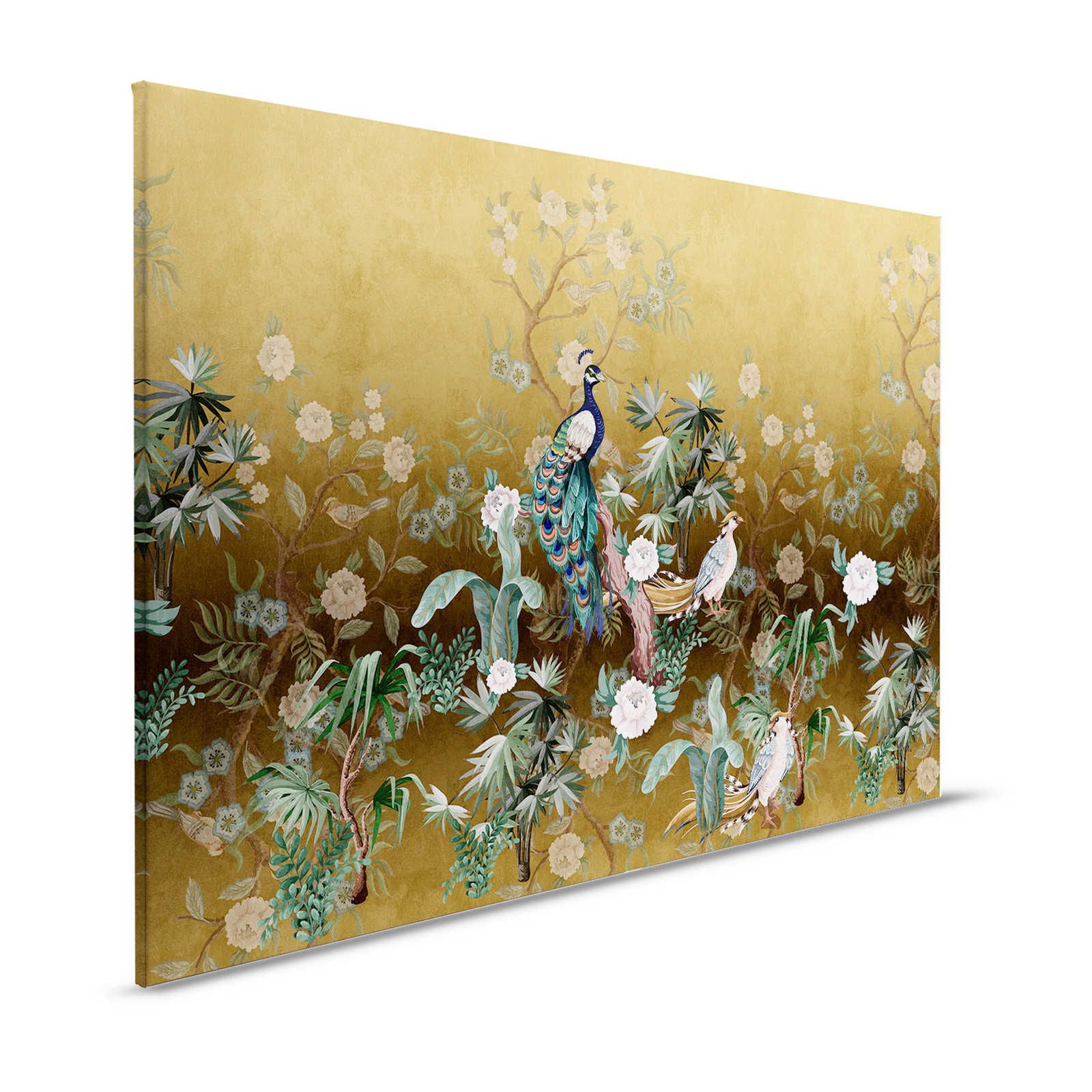 Peacock Island 3 - Canvas painting Peacocks Garden Gold with Plants & Blossoms - 1.20 m x 0.80 m
