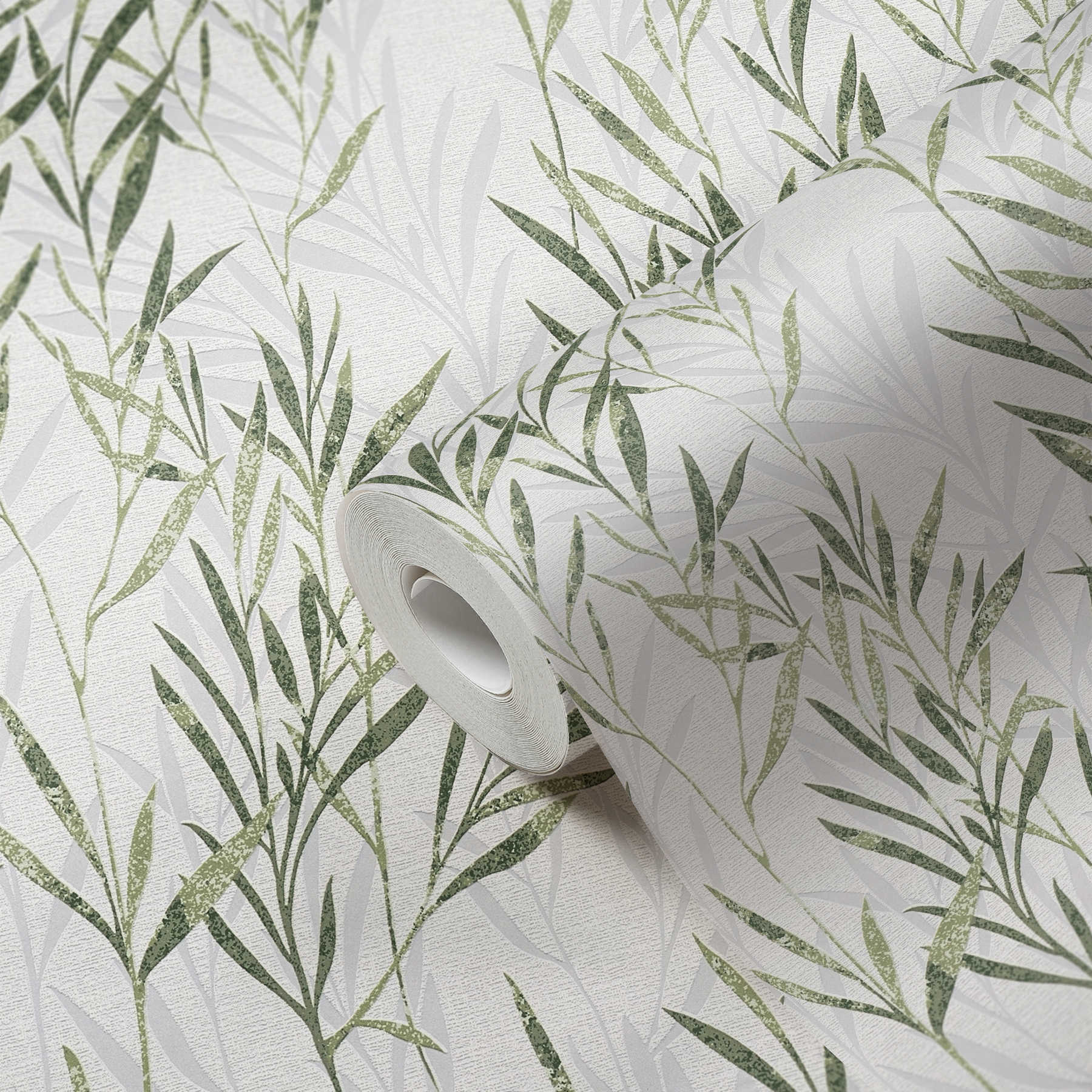             Non-woven wallpaper leaves design & tendril pattern - green, white
        