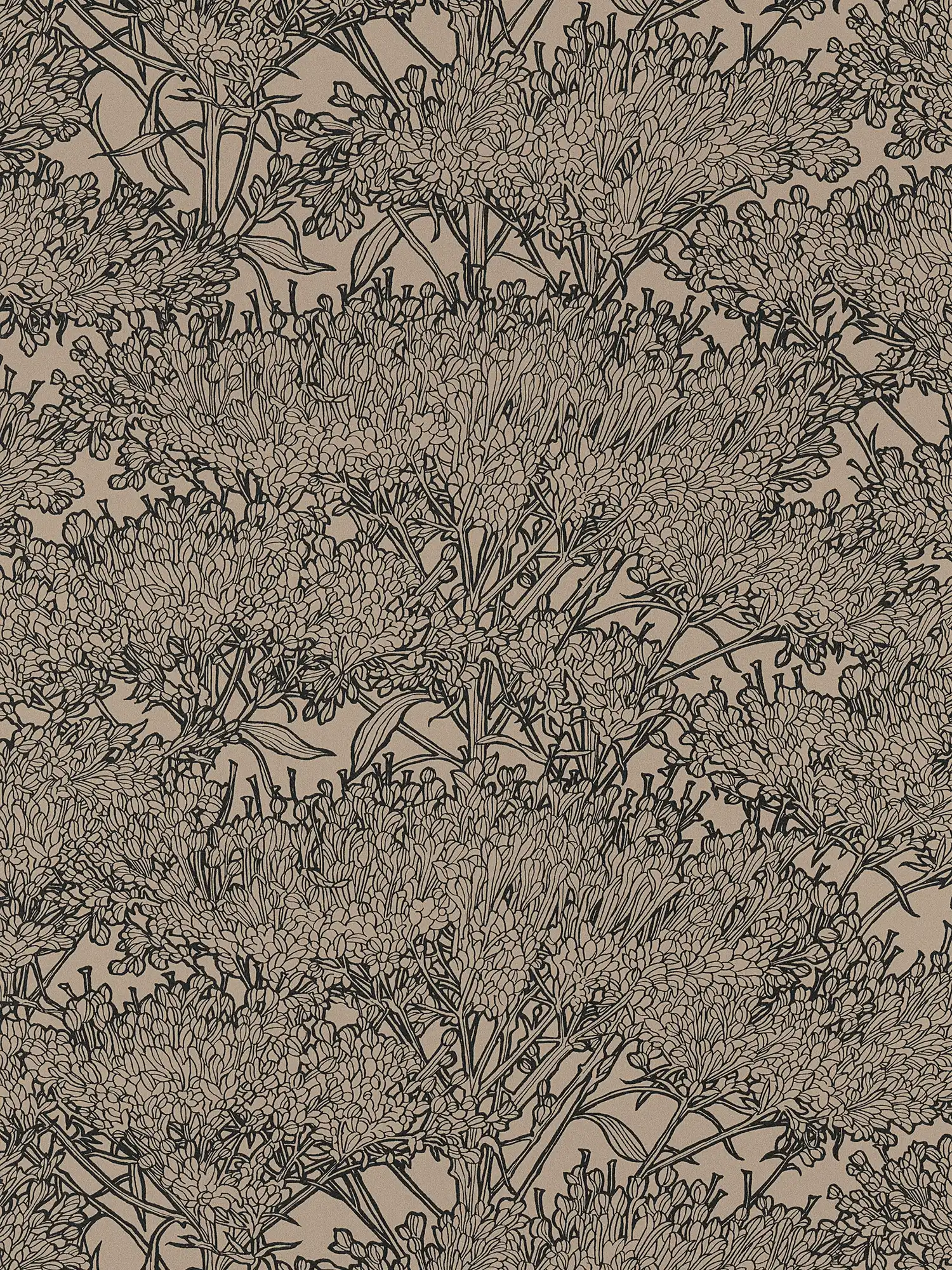 Floral wallpaper in beige with black contours - brown, grey, beige
