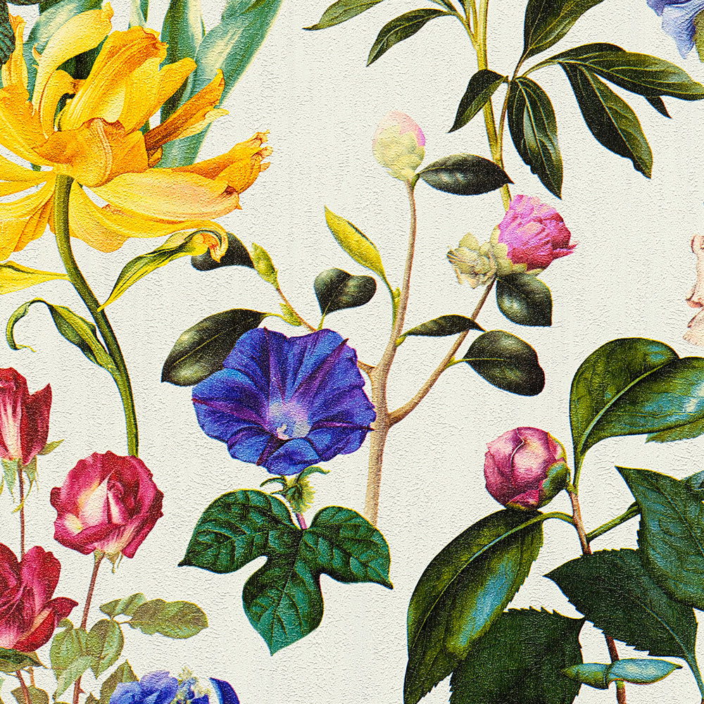             Papier peint fleuri avec des fleurs aux couleurs vives - multicolore, vert, gris
        