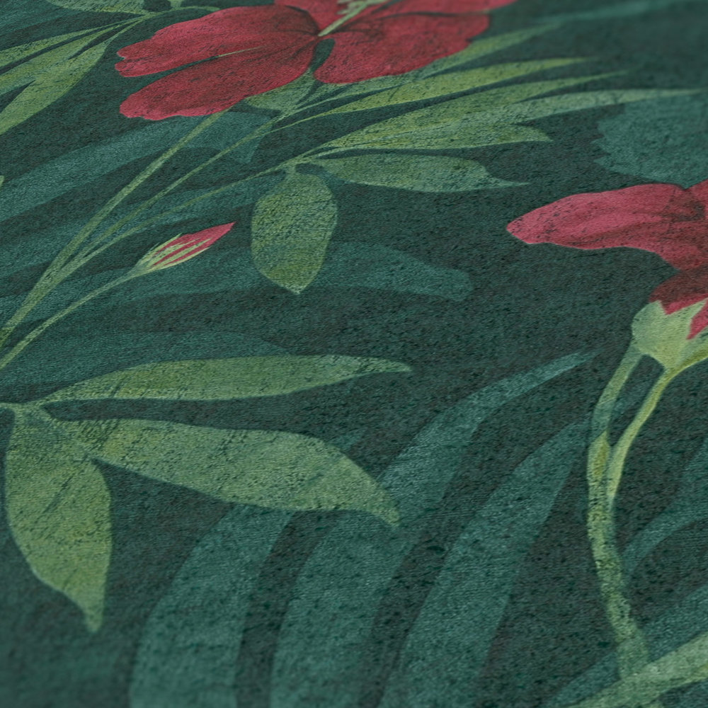             Carta da parati Jungle verde & fiori di ibisco - verde, rosso
        