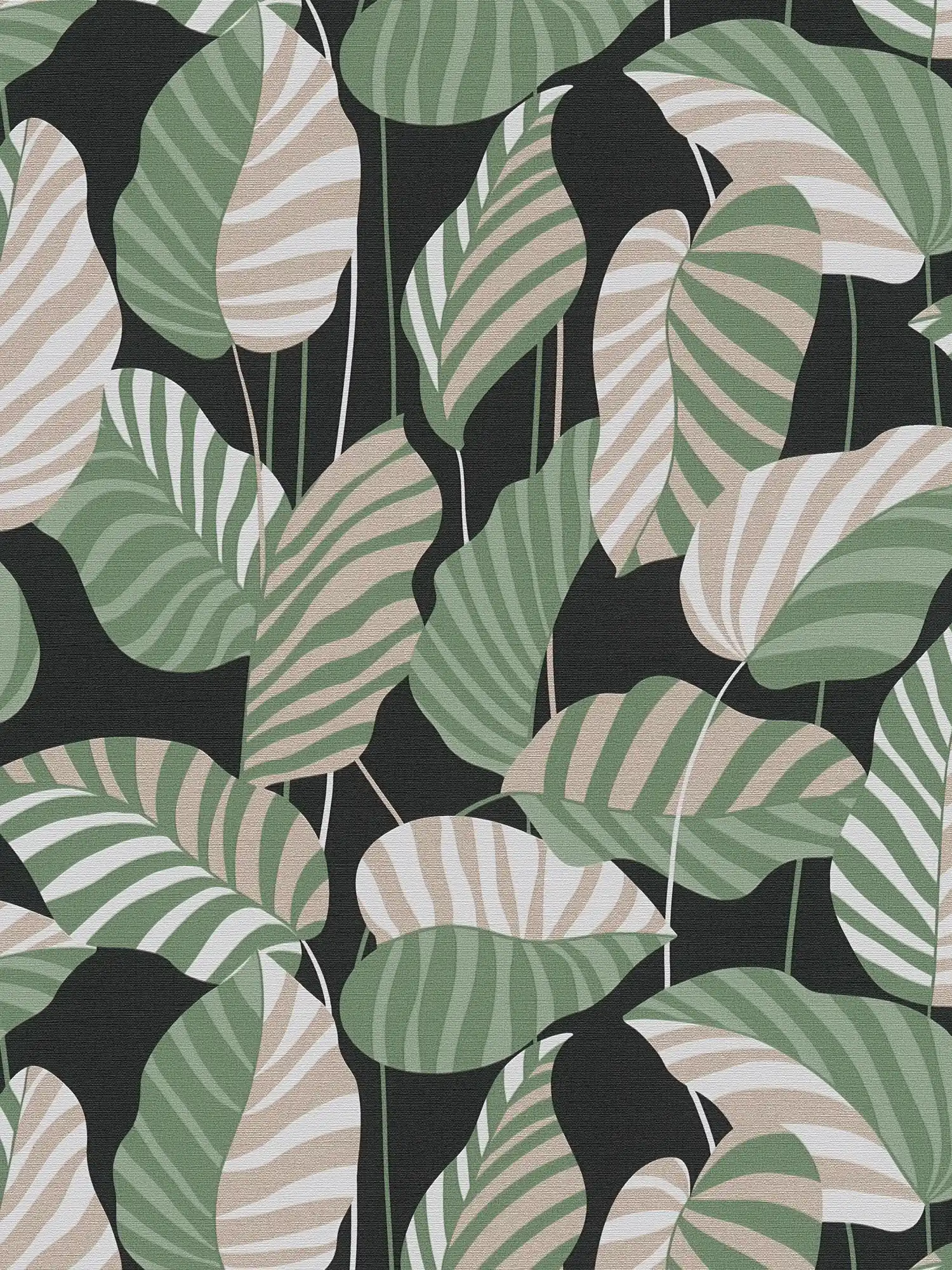 Non-woven wallpaper with palm leaves in a light sheen - black, green, gold
