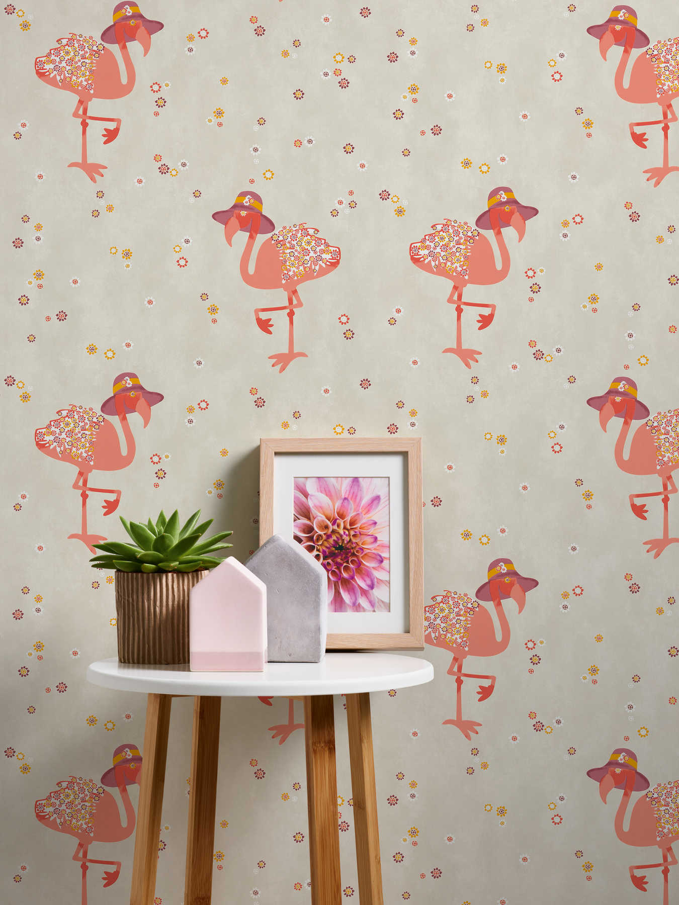             Flamingo non-woven wallpaper with flowers pattern for children - Beige, Orange
        