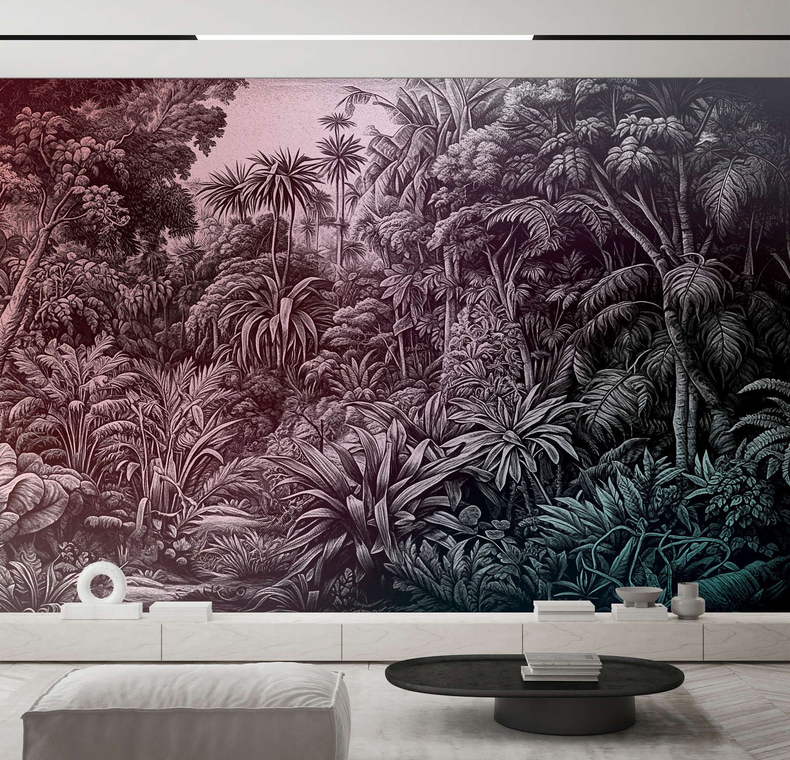             Photo wallpaper »livia« - Jungle design with colour gradient - Purple to dark green | Smooth, slightly shiny premium non-woven fabric
        