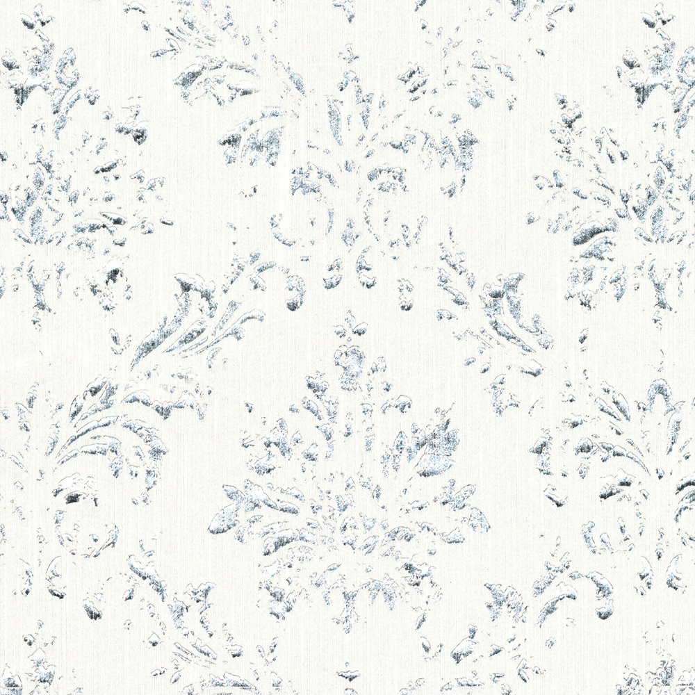             Wallpaper with silver ornaments in used look - white, silver
        