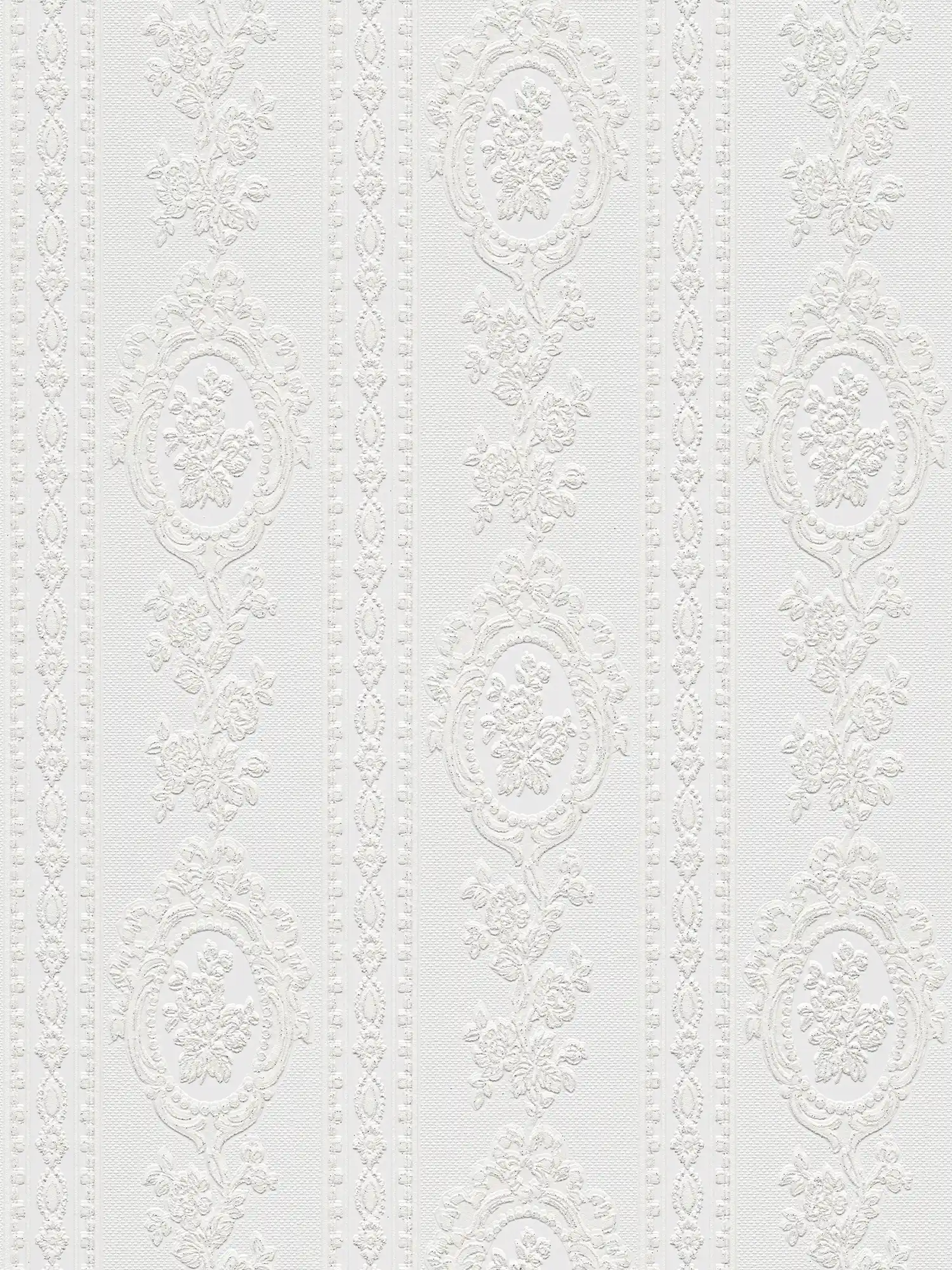 Ornamental wallpaper floral elements, stripes and flowers - white
