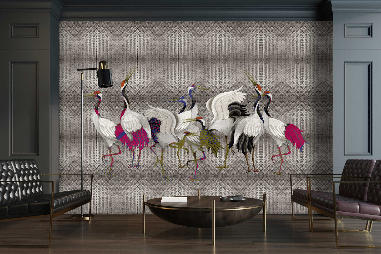             Land of Happiness 3 - Metallic wall mural silver with colourful crane motif
        