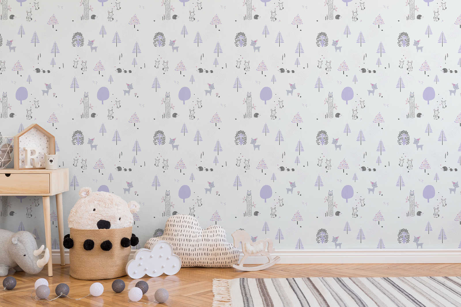             Nursery wallpaper forest animals - purple, white, grey
        