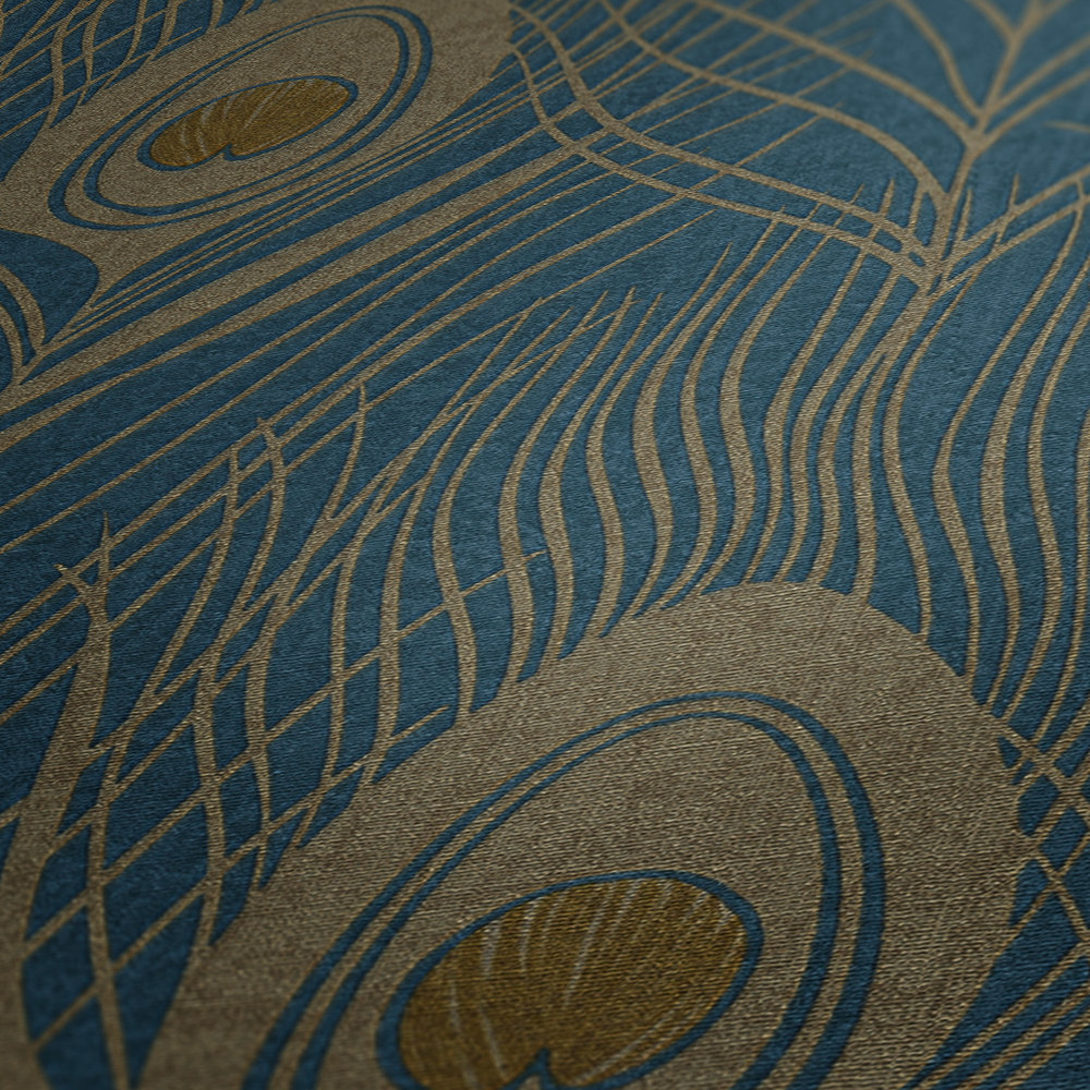             Non-woven wallpaper with peacock feathers, metallic look - blue, gold, yellow
        