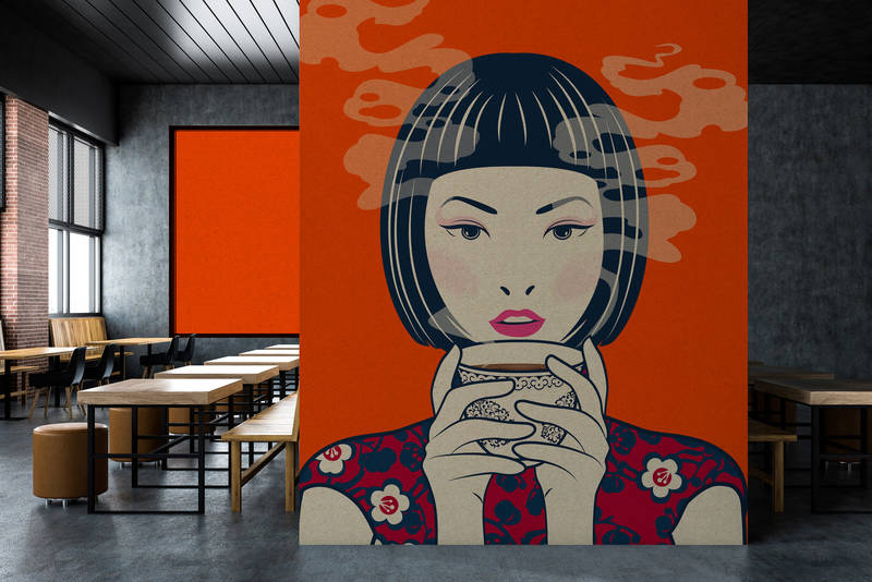             Akari 2 - Tijd voor thee, mangastijl in kartonnen textuur op behang - Beige, Oranje | Premium Smooth Vliesbehang
        