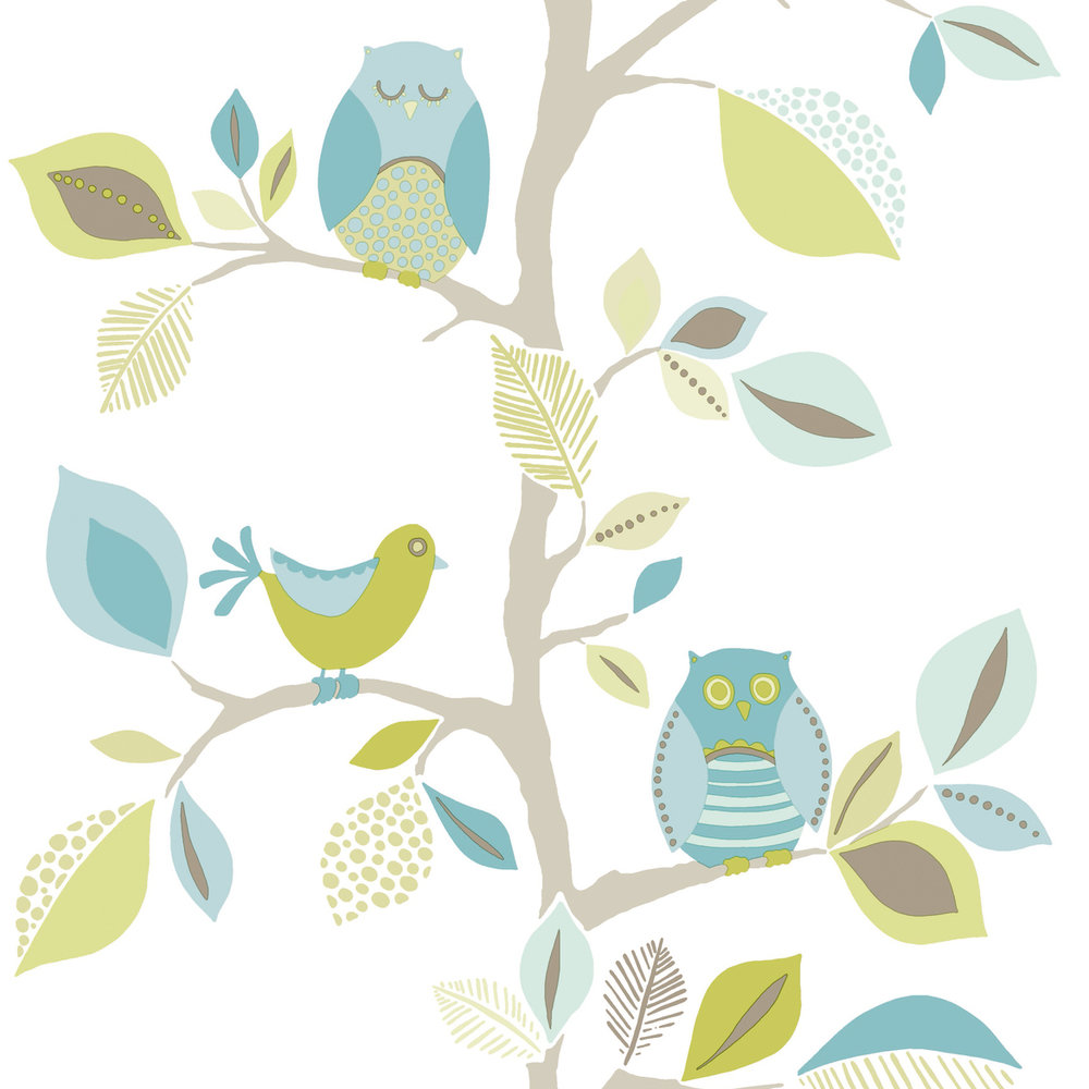             Nursery wallpaper neutral with owl & tree pattern - blue, green
        